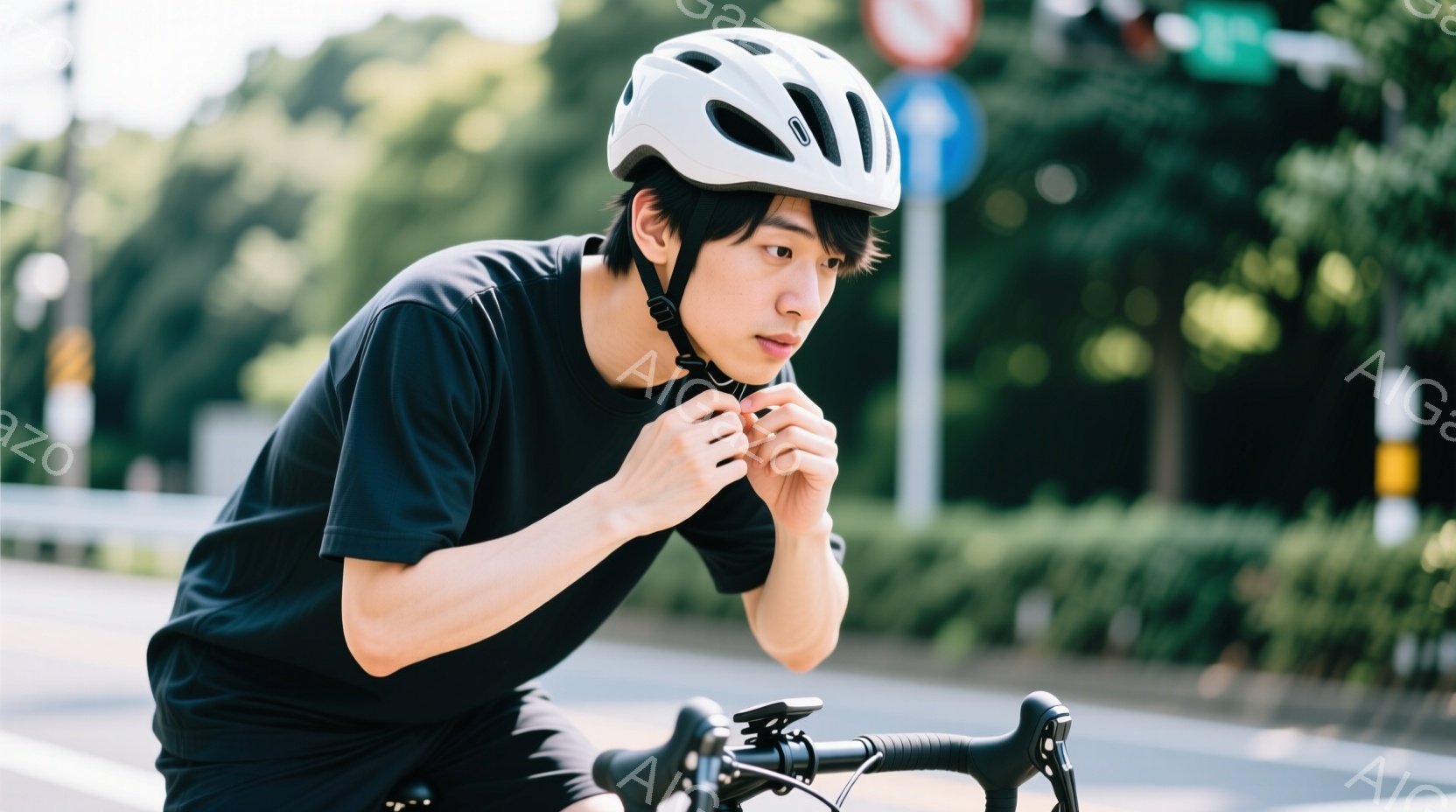 黒いサイクルジャージを着た若い男性が、ロードバイクに乗りながらヘルメットのストラップを締めようとしています。彼は短髪で、やや真剣な表情を浮かべており、背景には緑豊かな木々と道路標識が見えます。晴天で、 - AI生成フリー素材