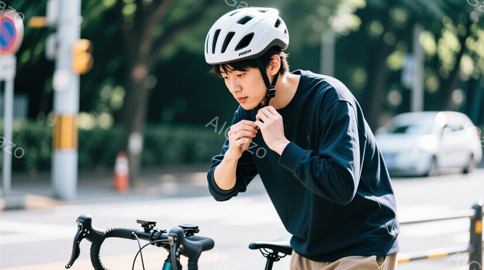 若い男性が自転車に乗り、ヘルメットを締め直している様子が写っている。彼は濃い青色の長袖シャツとベージュ色のズボンを着用し、短髪で前髪が少し長くなっている。背景には道路、歩道、木々が見え、晴天で明るい日 - AI生成フリー素材
