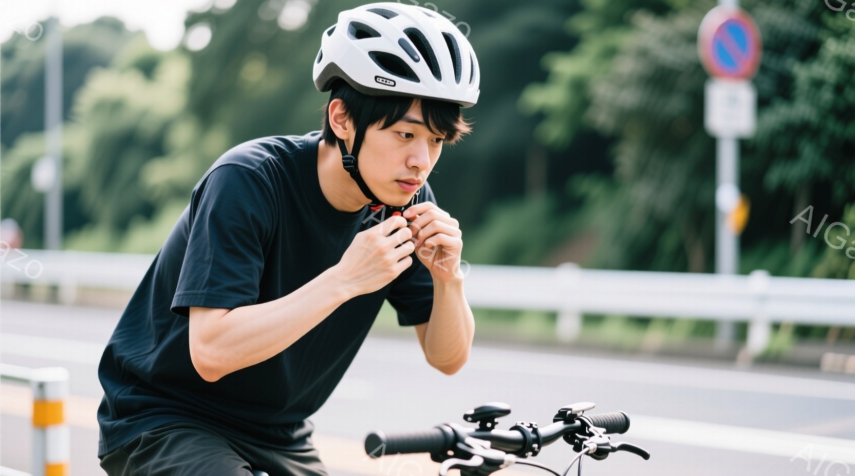 黒いTシャツを着た若い男性が、自転車に乗りながらヘルメットのストラップを締めようとしています。彼は黒髪で、少し前かがみの姿勢で集中した表情をしています。背景にはアスファルトの道、白いガードレール、そし - AI生成フリー素材
