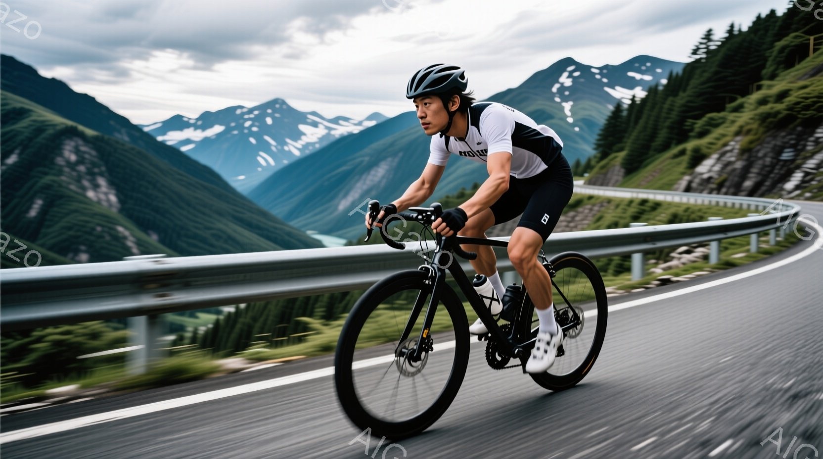 男性は、黒いヘルメットとサングラスを着用し、黒と白のサイクリングウェア、黒いショートパンツ、白い靴下、白いサイクリングシューズを身につけて、ロードバイクを走らせています。彼は前傾姿勢でハンドルを握り、 - AI生成フリー素材