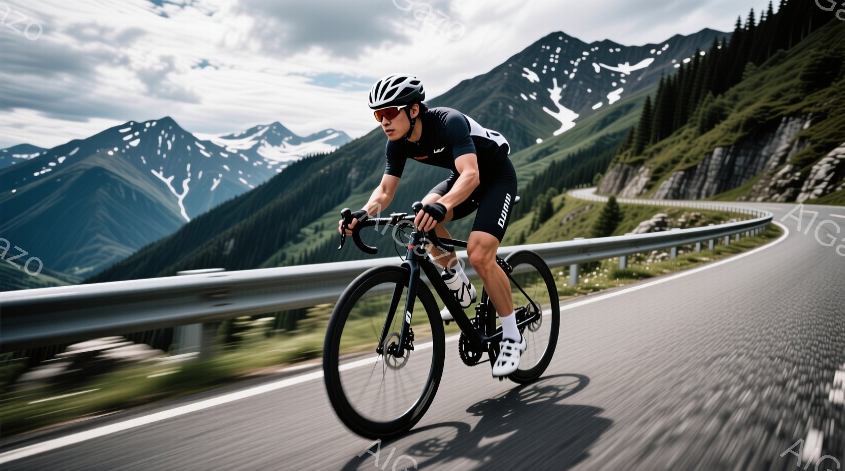 サイクルロードを疾走するサイクリストが写っている。黒いヘルメットとサングラスを着用し、黒と白のサイクルウェアに身を包んでいる。背景には緑豊かな山々と青空が広がり、天候は晴れで、全体的にダイナミックで活気のある雰囲気が漂っている。