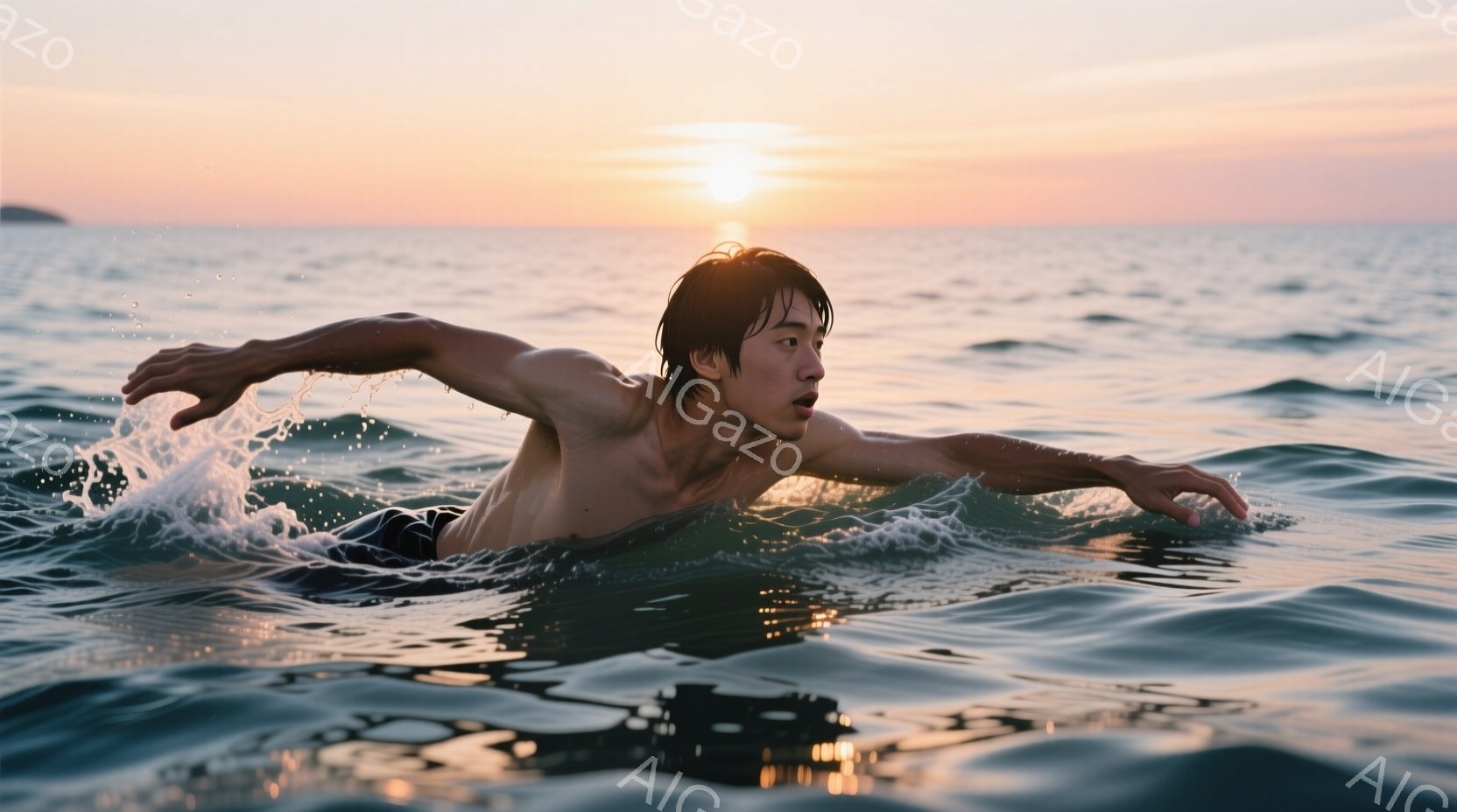 水中でクロール泳ぎをする男性が写っている。彼は上半身裸で黒い水着を着用しており、濡れた黒髪が顔にかかっている。背景は夕焼けの海で、水面は波紋に覆われ、穏やかで美しい雰囲気を醸し出している。 - AI生成フリー素材