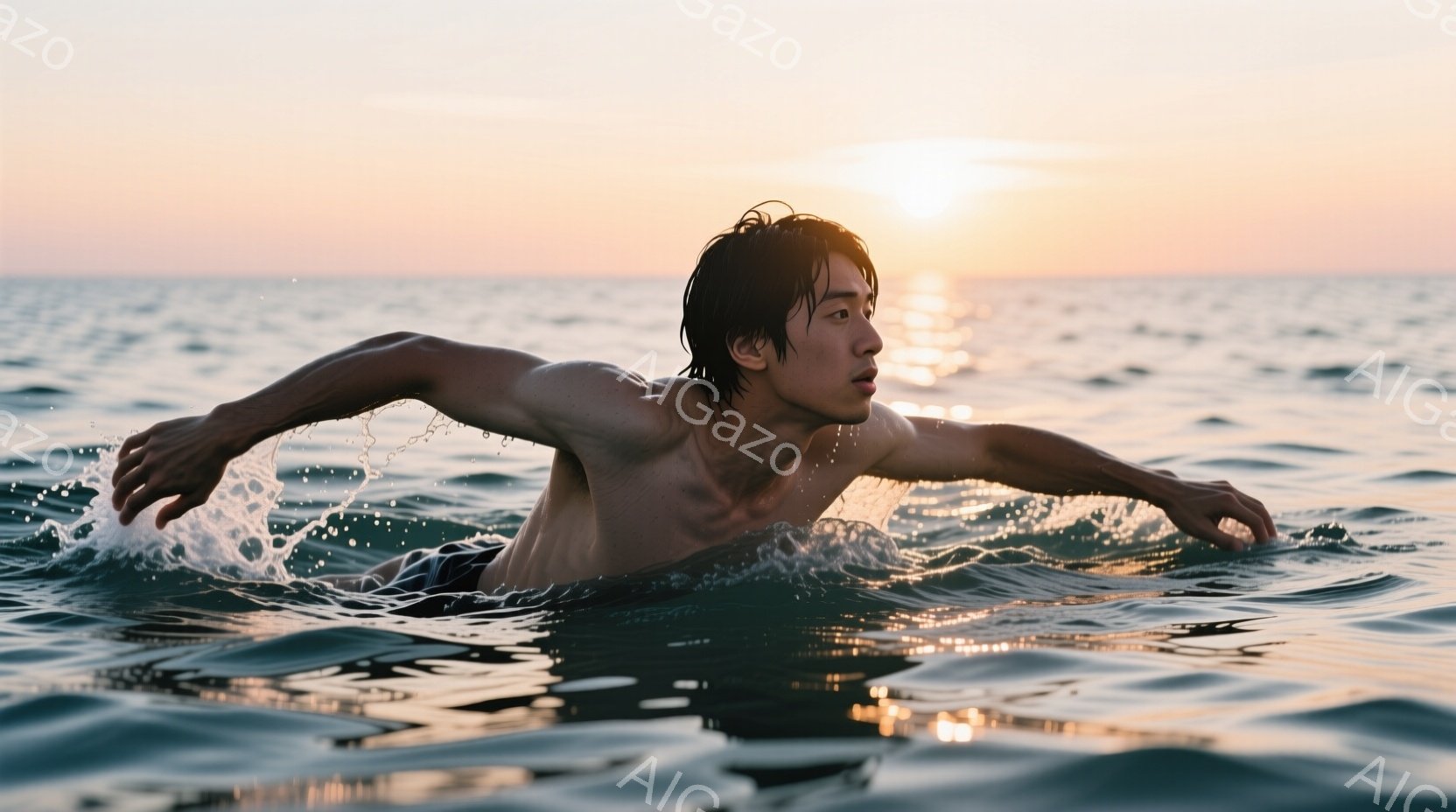 陽光が水面に反射し、男性が海中を力強く泳いでいる様子が捉えられています。彼は上半身を露出し、黒い水着を着用しており、濡れた髪は後ろに流れ、真剣な表情で前を見据えています。背景には穏やかな波が広がり、夕 - AI生成フリー素材