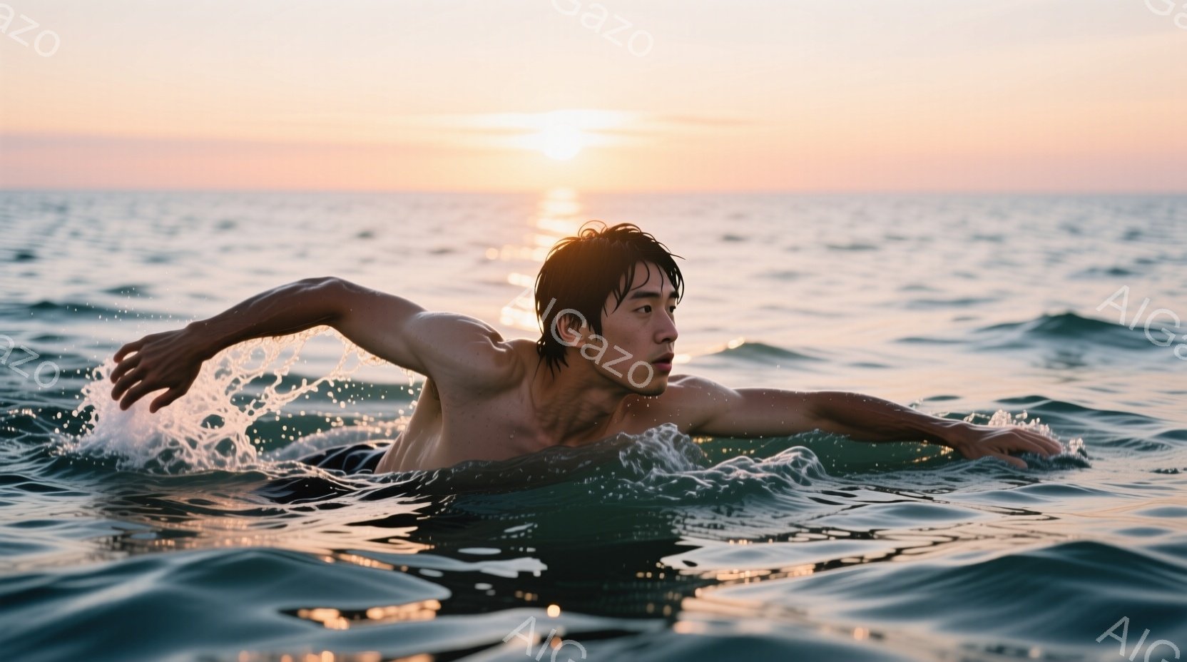 競技水泳をする男性が描かれている。彼は上半身を水中に沈め、クロールで泳いでおり、力強いストロークで水をかき分けている。背景は夕焼け空と穏やかな海で、水面には反射光が輝き、平和で活気のある雰囲気を醸し出 - AI生成フリー素材