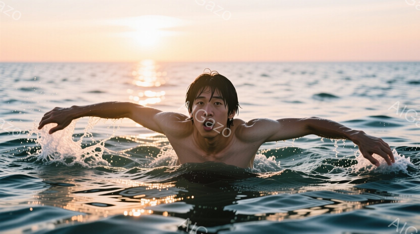 水中で腕を広げて泳いでいる若い男性が写っています。彼は上半身裸で、濡れた黒髪が額にかかっています。背景には、夕焼けの光が水面に反射し、穏やかで少し寂しげな雰囲気を醸し出しています。