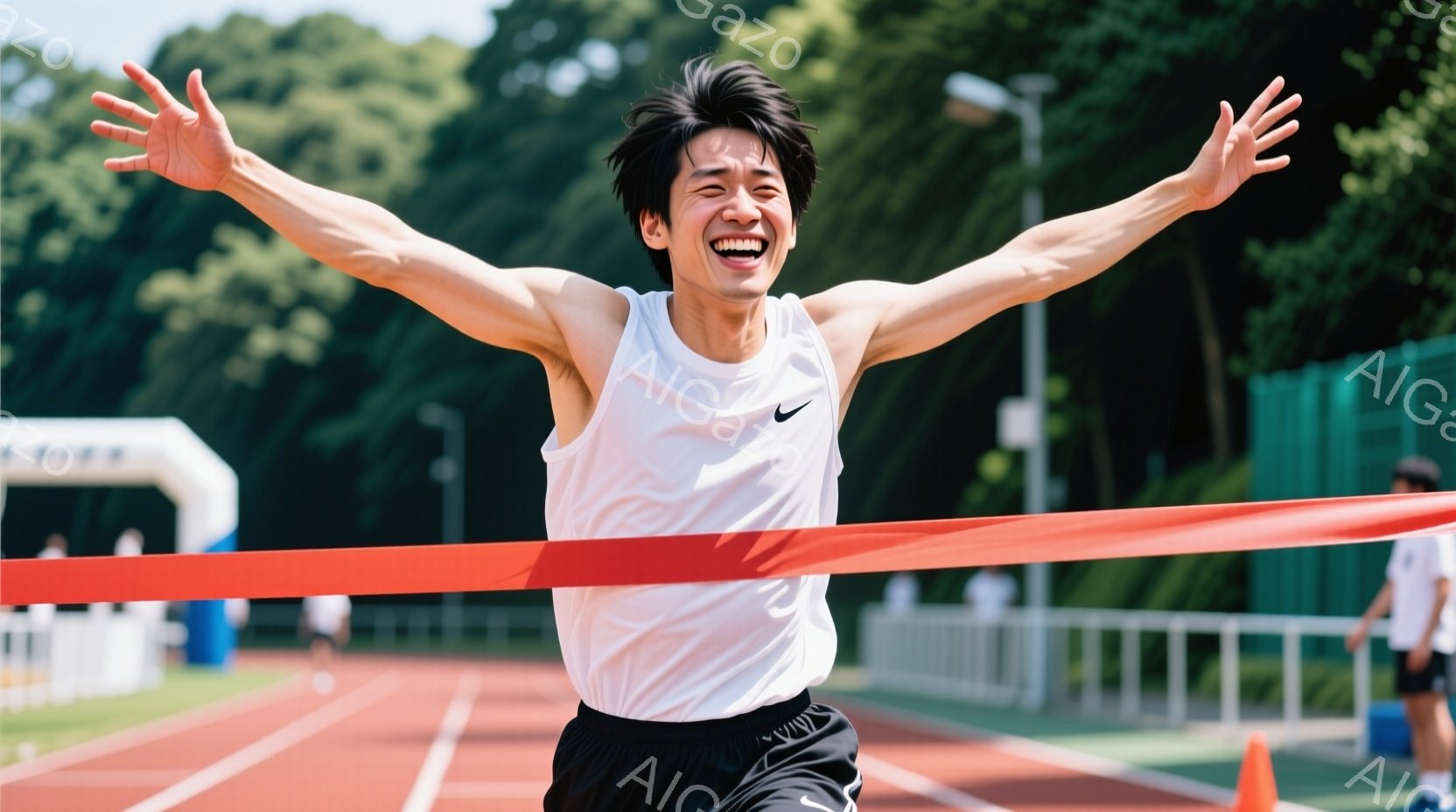 白いタンクトップと黒い短パンを着た若い男性が、競技場のフィニッシュラインを駆け抜け、両手を広げて勝利を喜んでいます。彼は興奮した表情で、髪は少し乱れ、スポーティーな雰囲気です。背景には緑豊かな木々や観客席、青空が見え、晴れた日の競技場の熱気を感じさせます。