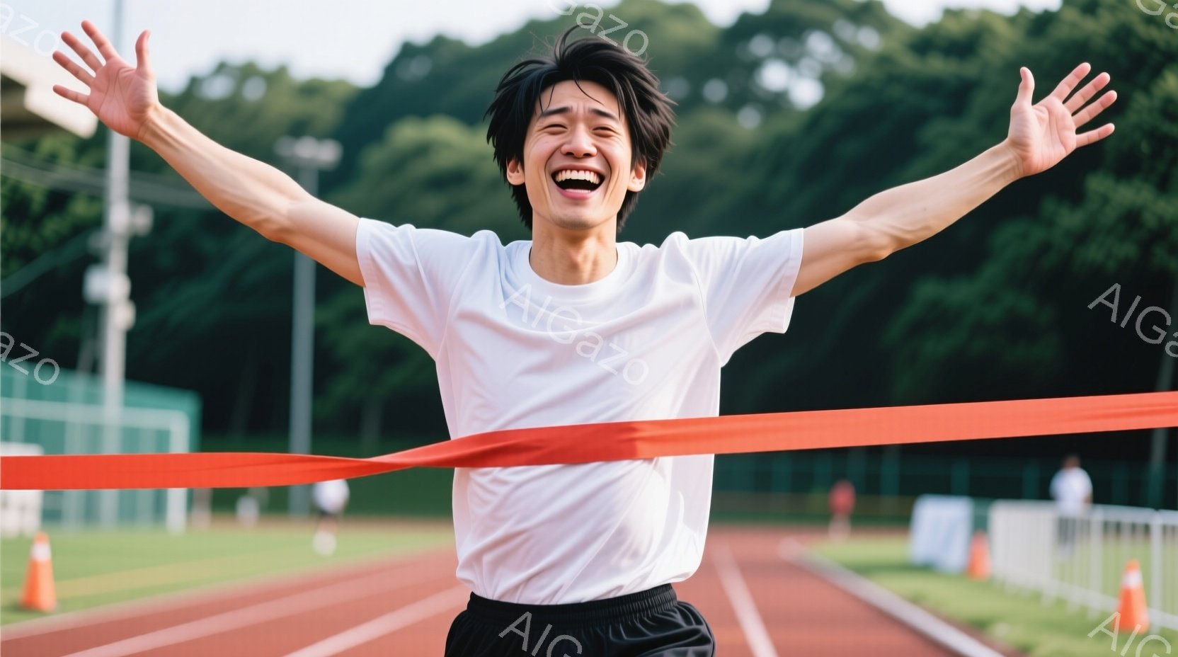 若い男性が、競技場のフィニッシュラインを駆け抜け、両手を高く上げて勝利を喜んでいます。彼は白いTシャツと黒い短パンを着用し、短髪で、満面の笑みを浮かべています。背景には緑の芝生、観客席らしきもの、そし - AI生成フリー素材
