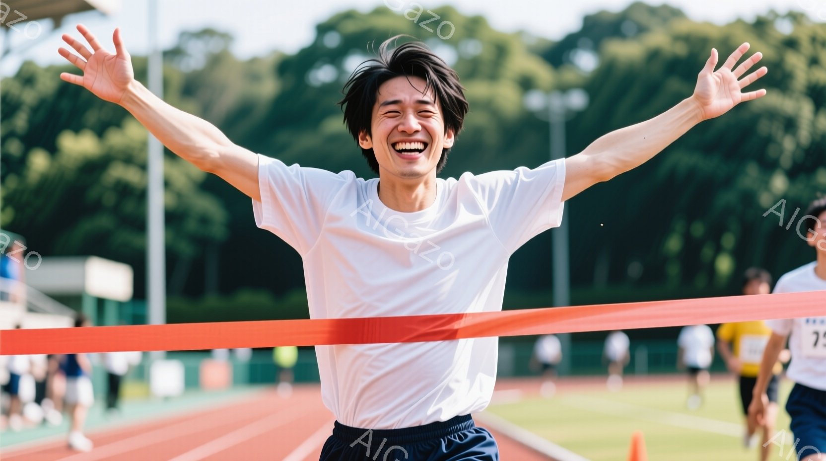 競技場を走る男性が、フィニッシュラインを越えて両手を大きく広げ、勝利を喜んでいる様子が写っている。彼は白いTシャツと黒い短パンを着用し、短髪で、満面の笑みを浮かべている。背景には緑豊かな自然と観客席が見え、晴れた日の屋外で、活気に満ちた雰囲気である。
