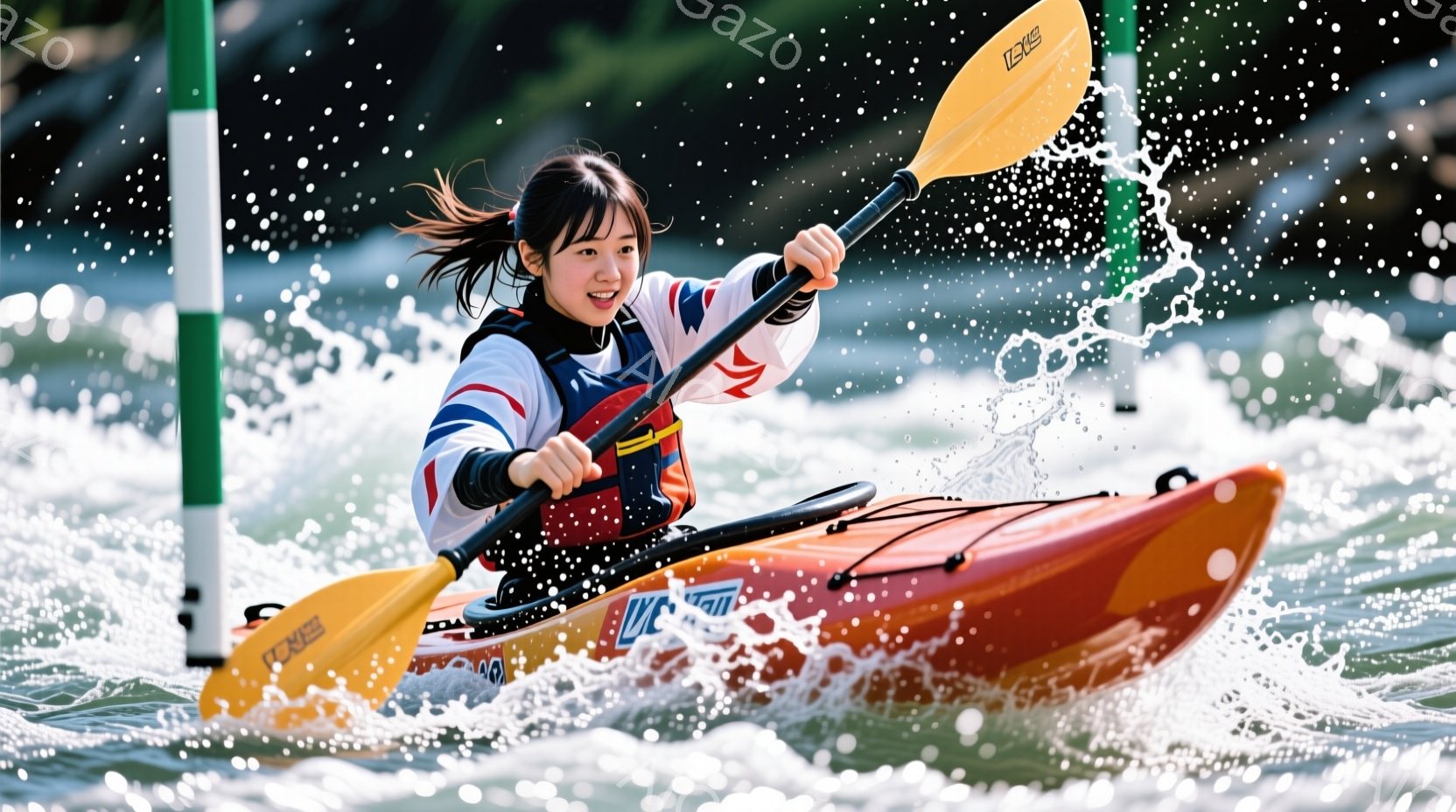 オレンジ色のカヤックに乗った女性が、水しぶきを上げながら力強く漕いでいる様子が写っている。彼女は髪をポニーテールにし、明るい笑顔を浮かべ、青と白のスポーツウェアを着用している。背景には緑の植物が見え、水面は太陽の光を反射して輝いており、活気に満ちた夏の日の雰囲気を醸し出している。