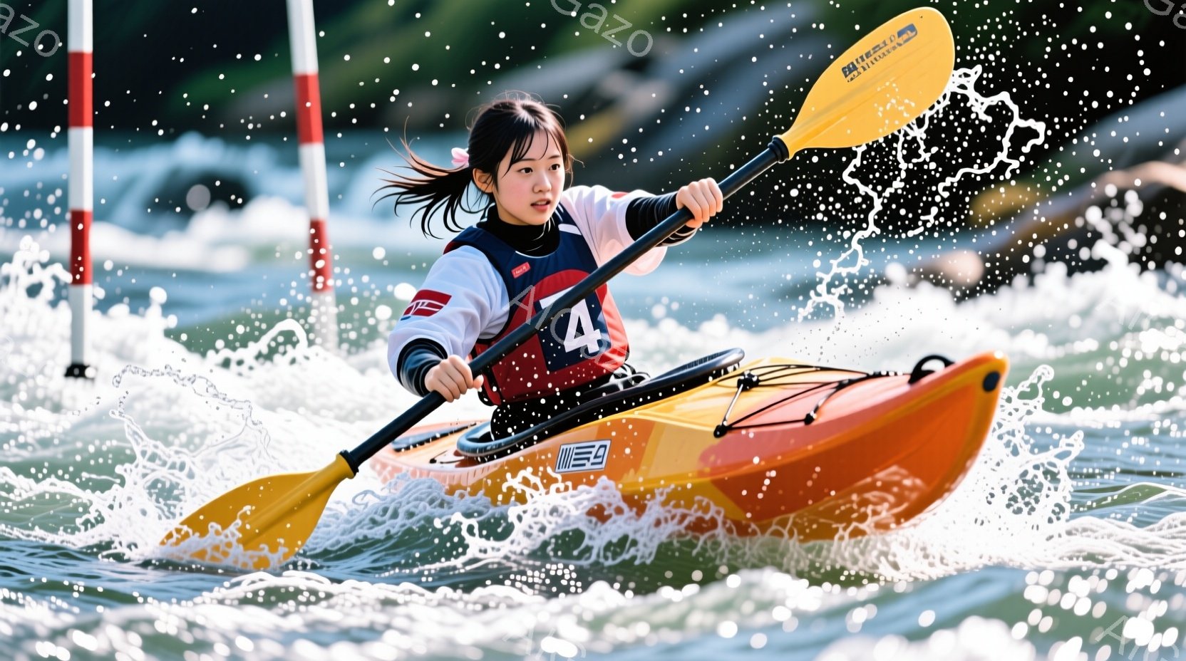 カヌー競技の女性選手が、水しぶきを上げながら激しく漕いでいる様子が写っている。彼女は黒いウェットスーツに、赤いライフジャケットを着用し、髪を後ろで束ねている。背景には水面と自然の風景が広がり、競技の緊張感と躍動感を表している。