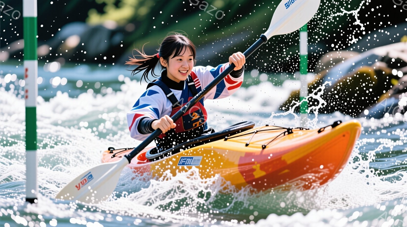 カヌースラロームの競技者が、鮮やかなオレンジ色のカヌーを漕いで水面を疾走している。彼女は、赤、白、青のストライプのウェアを着用し、髪をポニーテールにしている。水しぶきが飛び散る中、力強く漕ぎ進む姿は、競技への情熱と集中力を表している。