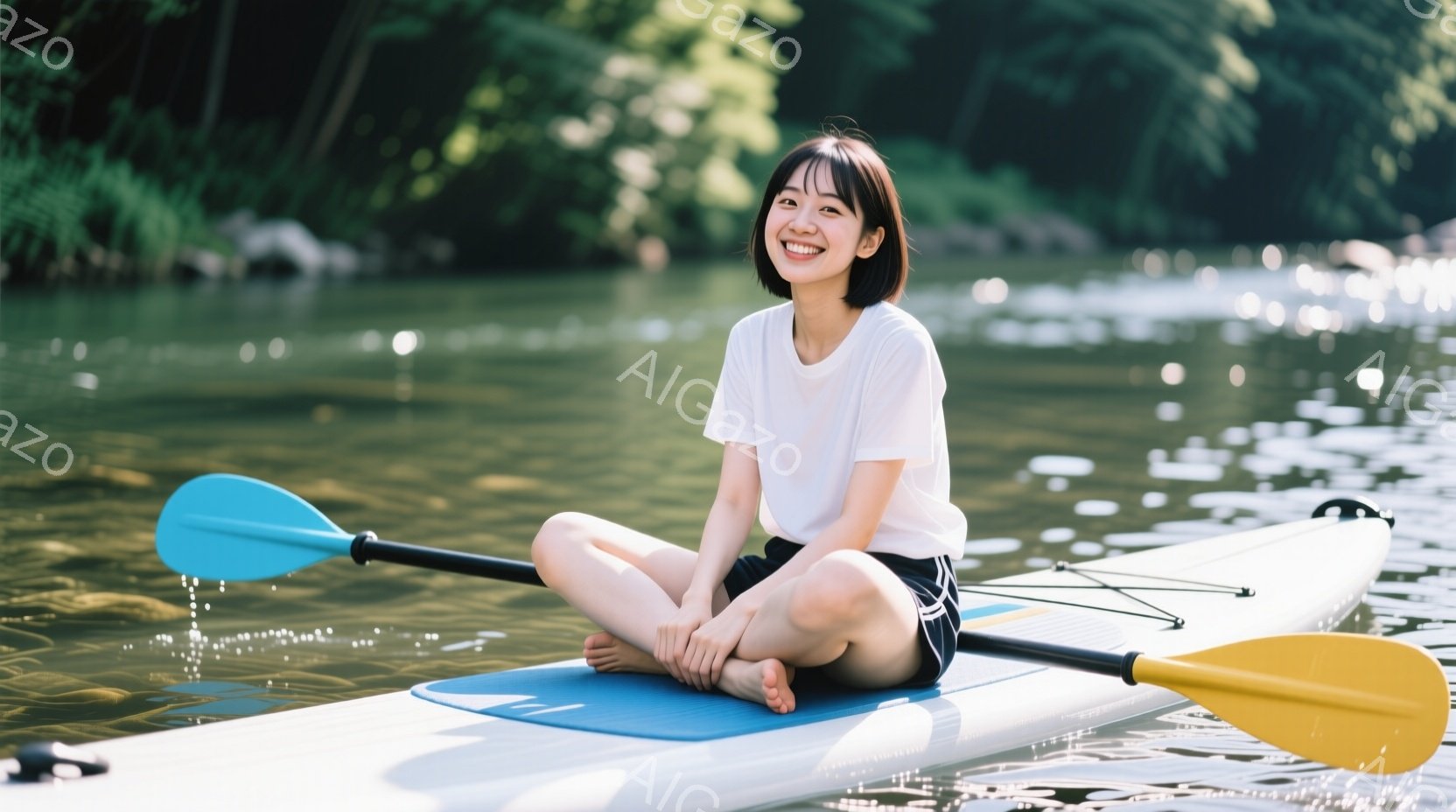 若い女性がサップボードに座って微笑んでいます。白いTシャツと黒いショートパンツを着用し、足はサップボード上にむき出しになっています。背景は緑豊かな自然と水面で、晴れた日の穏やかな雰囲気が漂っています。 - AI生成フリー素材