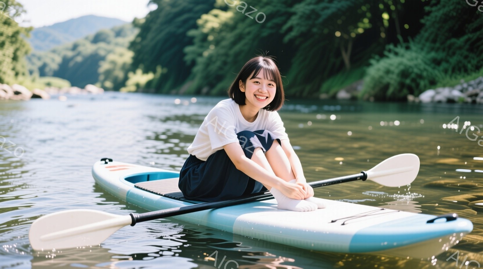 明るい日差しの中で、若い女性が青いスタンドアップパドルボード（SUP）に座って微笑んでいます。白いTシャツと濃い青色のショートパンツを着用し、素足で膝を曲げてリラックスした様子です。背景には緑豊かな木々が生い茂り、穏やかな水面が広がっており、平和で穏やかな雰囲気が漂っています。