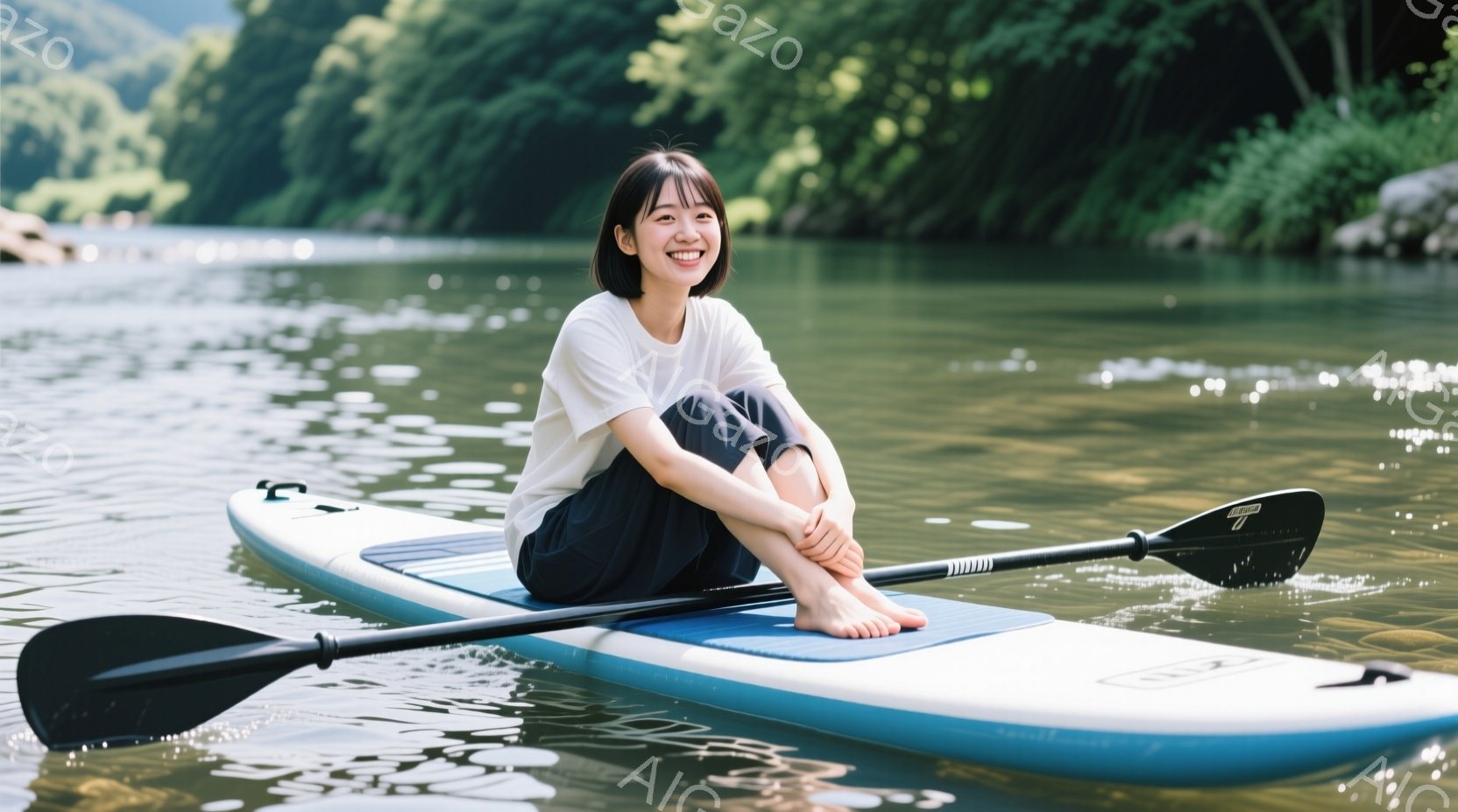 女性が水面を漂うSUP（スタンドアップパドルボード）の上に座っています。白いTシャツに黒いパンツ姿で、足は組まれ、穏やかな笑顔を浮かべています。背景には緑豊かな木々が広がり、水面には太陽の光が反射し、 - AI生成フリー素材