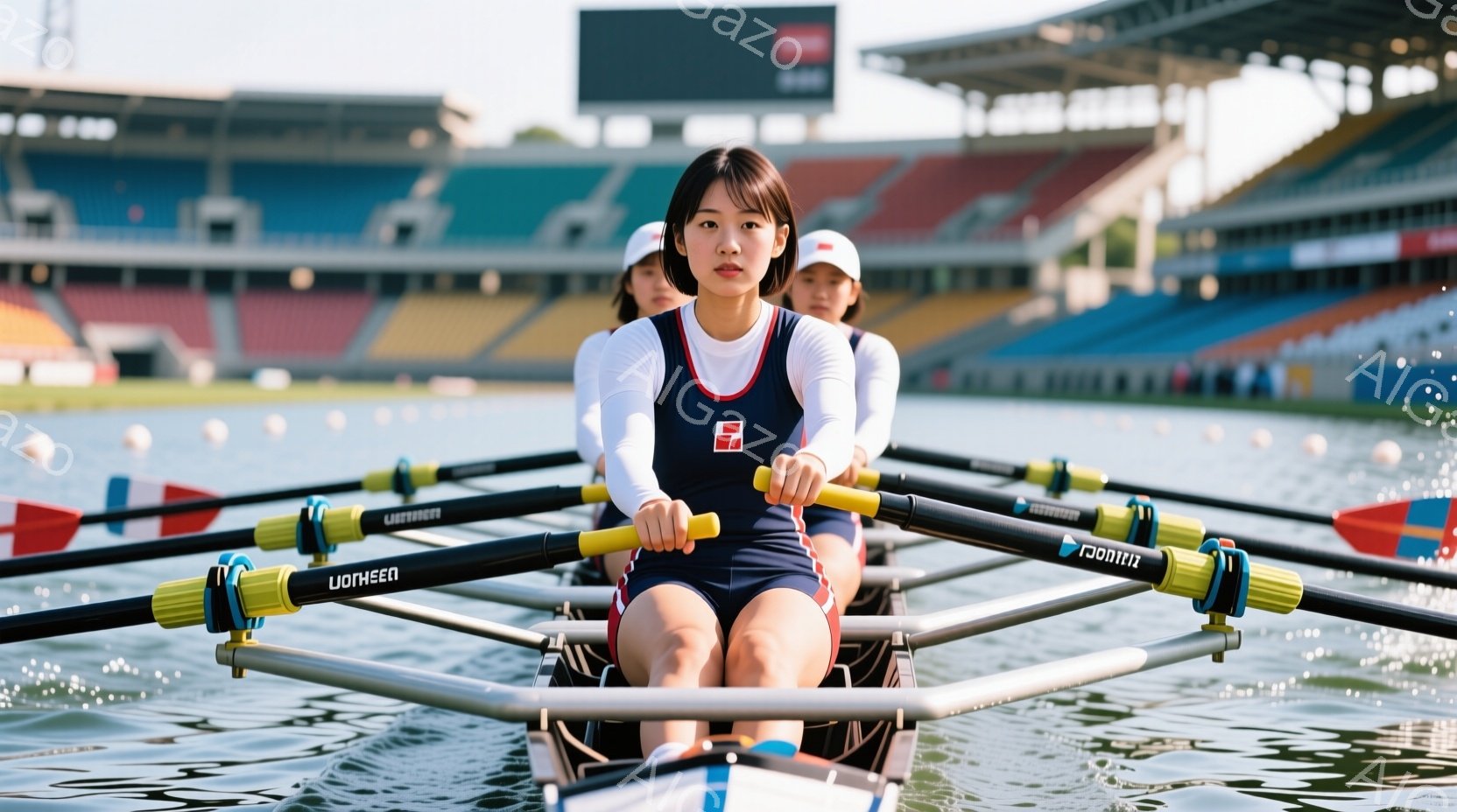 競技用のボートに乗った女性が写っています。彼女は紺色のボートスーツに白い長袖シャツを着ており、髪は後ろでポニーテールにまとめています。表情は真剣で、両手でオールを握り、力強く漕いでいる様子が伝わってきます。