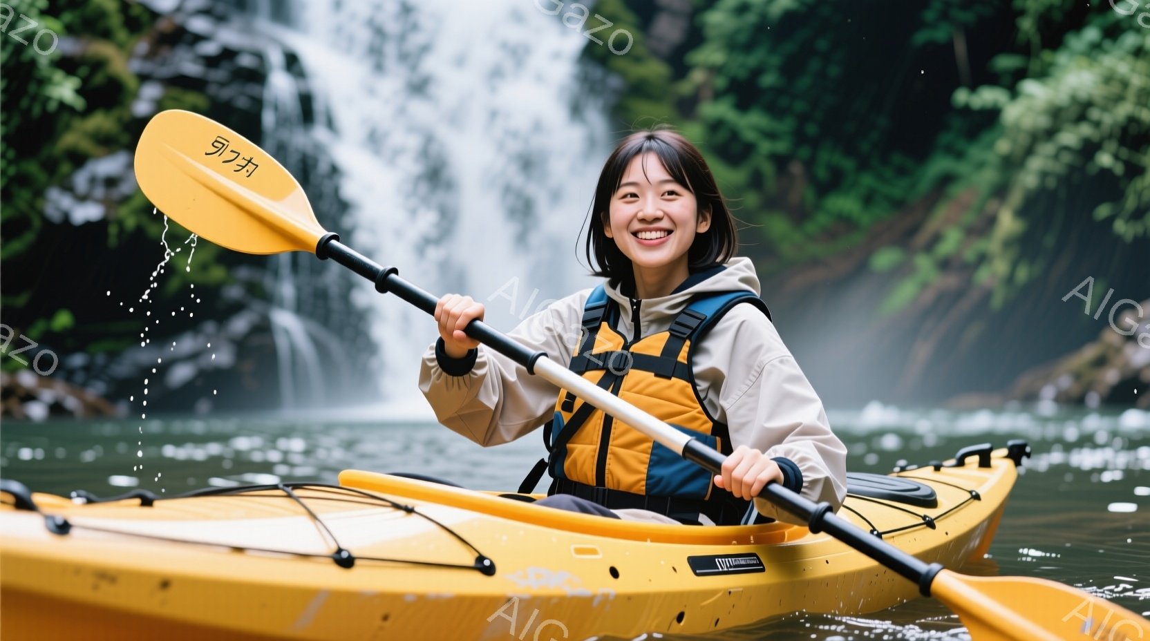 カヤックに乗った女性が写っている。彼女は明るい笑顔でオールを操り、黄色のカヤックとオレンジ色のライフジャケットを着ている。背景には緑豊かな木々と滝が見え、晴れた日の穏やかな自然の中でカヤックを楽しんで - AI生成フリー素材