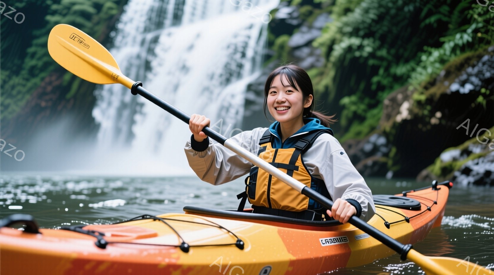 オレンジ色のカヤックに座った若い女性が、水面を漕いでいる様子が写っている。彼女はネイビーの長袖シャツとオレンジ色のライフベストを着ており、髪は後ろで結んでいる。背景には滝が見え、緑豊かな自然に囲まれており、晴天で爽やかな雰囲気である。