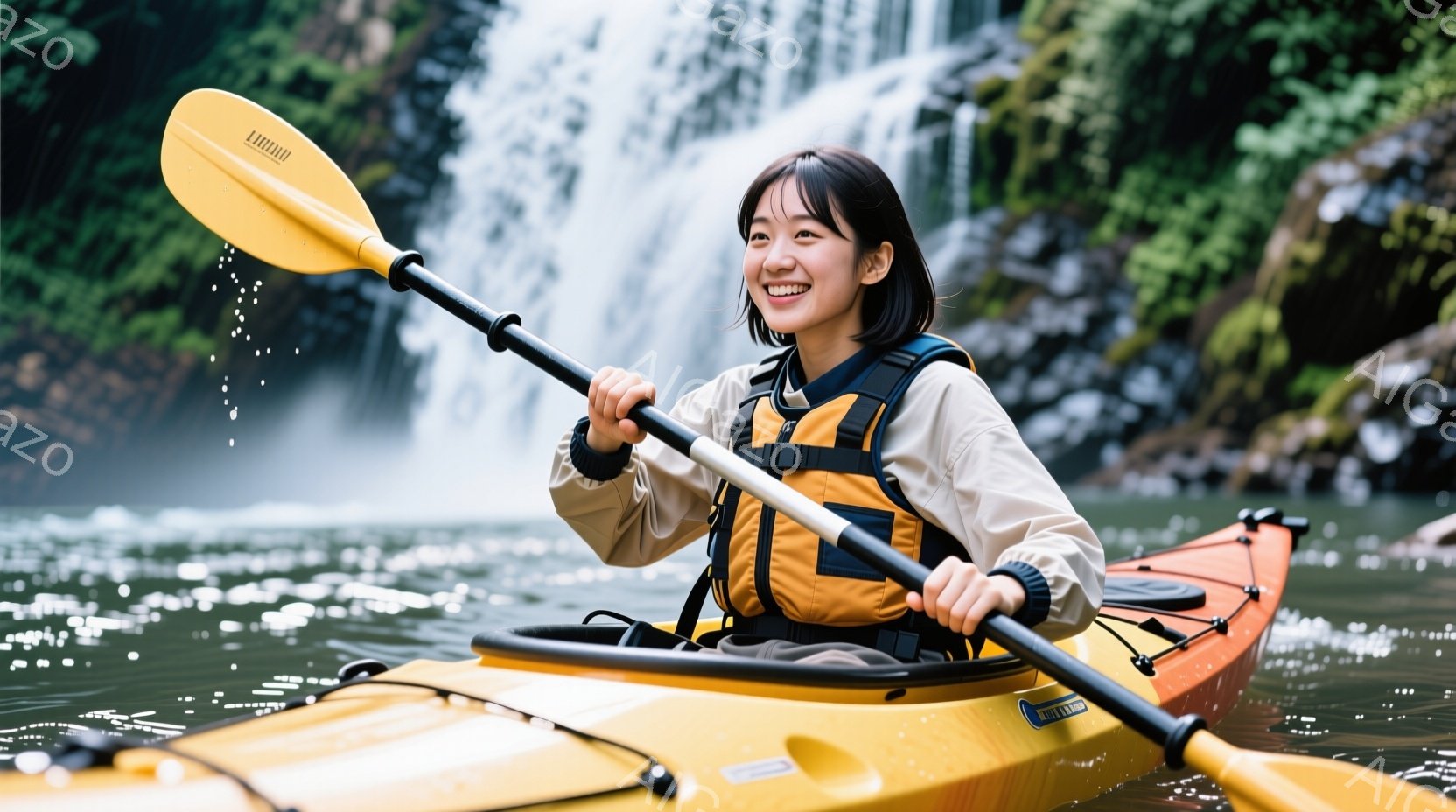 カヤックに乗った若い女性が写っている。彼女は明るいベージュ色のシャツとオレンジ色のライフジャケットを着ており、濡れた髪を後ろで一つにまとめている。背景には滝が見え、水面は穏やかで、女性は微笑みながらカ - AI生成フリー素材