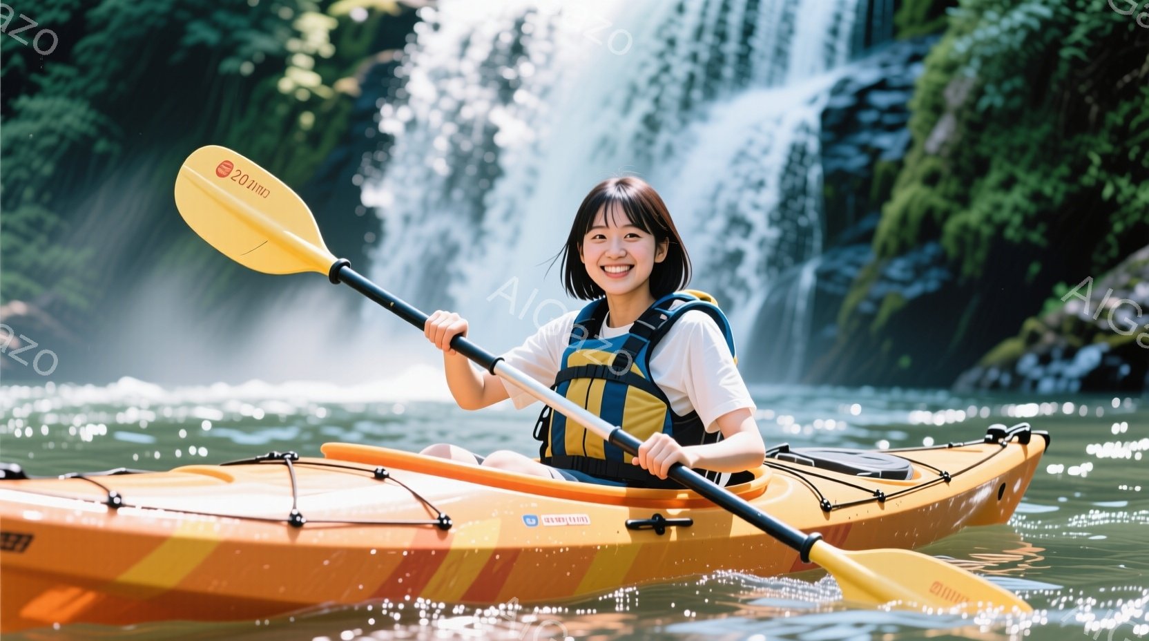 オレンジ色のカヤックに乗った若い女性が、水面をパドルで漕いでいる様子が写っている。彼女は黒いTシャツと救命胴衣を着用し、髪を後ろで一つにまとめ、笑顔を見せている。背景には緑豊かな木々と、水しぶきを上げる滝が見え、晴れた日の自然の中でリラックスした雰囲気が漂っている。