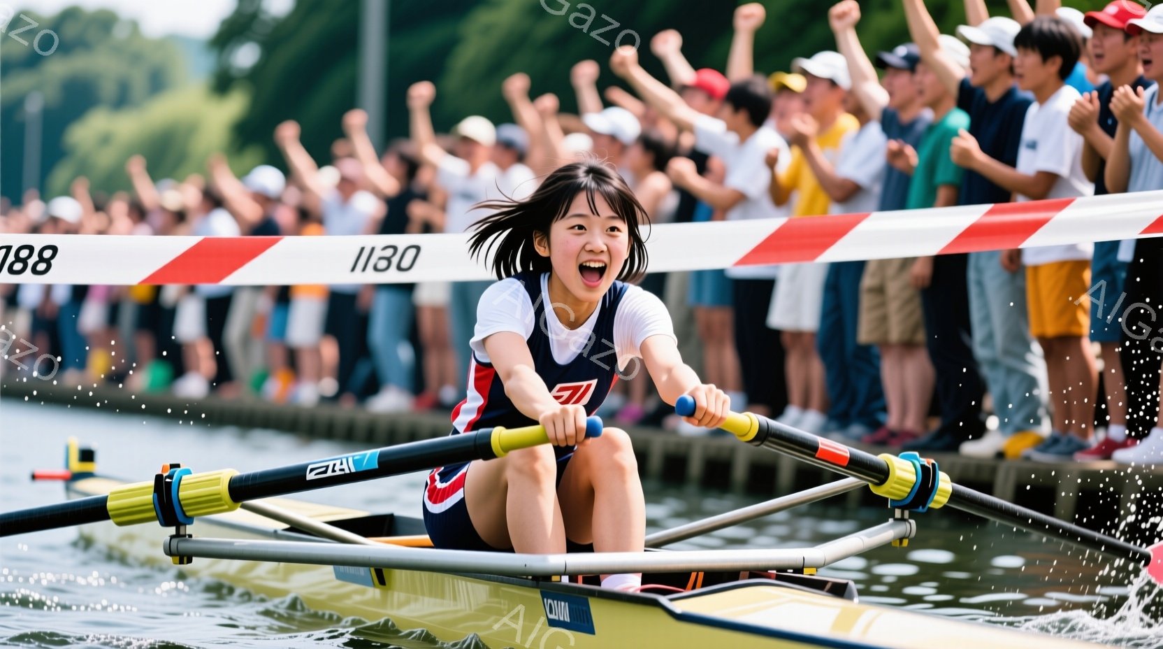 ボート競技中の若い女性ボート漕ぎ手を描いています。彼女は赤いヘッドバンドと紺と赤のレーシングユニフォームを着用し、力強く漕ぎながら興奮した表情を浮かべています。背景には、観客席が密集しており、水面にはボートが作った波紋が広がっており、競技の激しさと活気を伝えています。