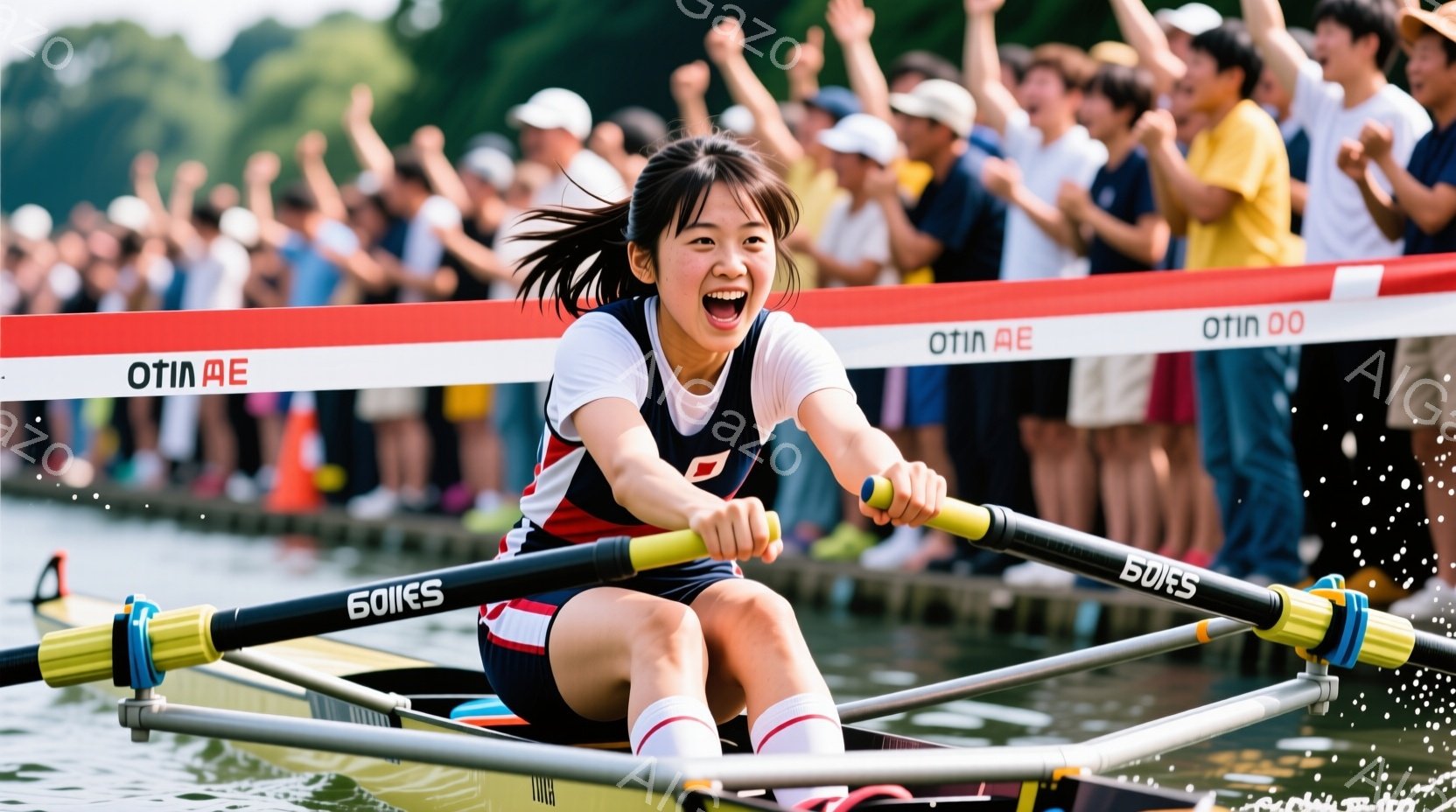 ボート競技に興じる女性アスリートが写っている。彼女は白の半袖シャツに紺色のショートパンツ、白と赤のハイソックスを着用し、髪はポニーテールに結んでいる。彼女は懸命にオールを漕ぎ、力強い表情で勝利を目指し - AI生成フリー素材