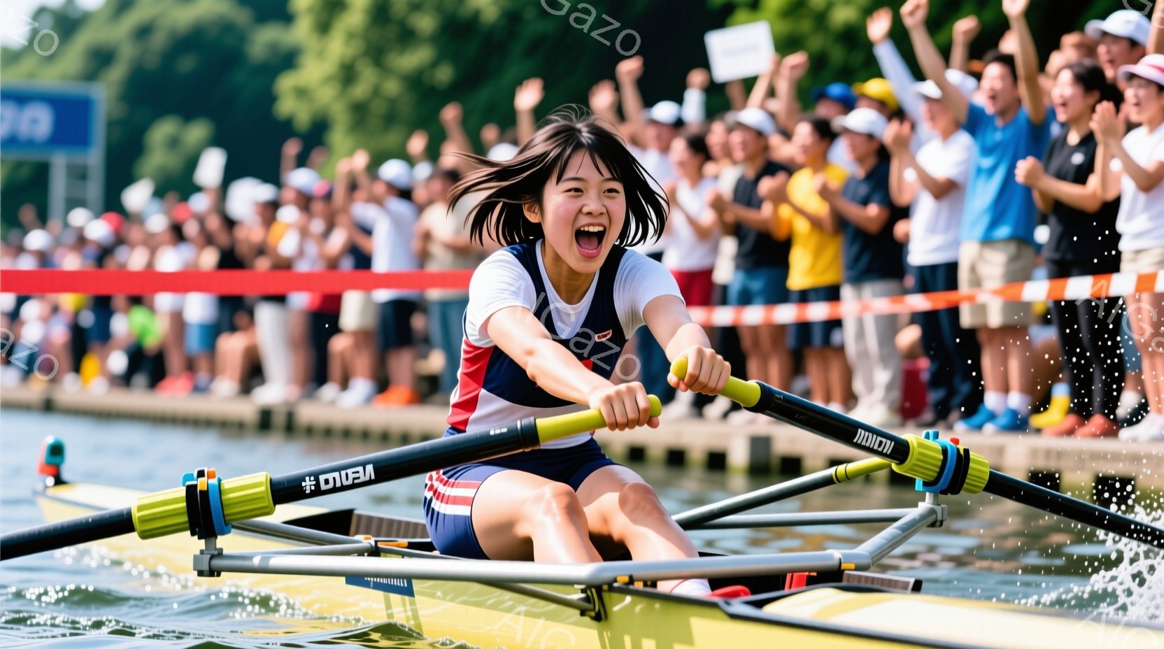ボートに乗った女性は、激しい表情でオールを漕いでいる。彼女は赤、白、青のラインが入ったタンクトップと黒いショートパンツを着ており、髪は後ろでポニーテールに結ばれている。背景には観客席が広がり、緑豊かな自然と晴天が広がっており、競争の熱気と活気に満ちた雰囲気が伝わってくる。
