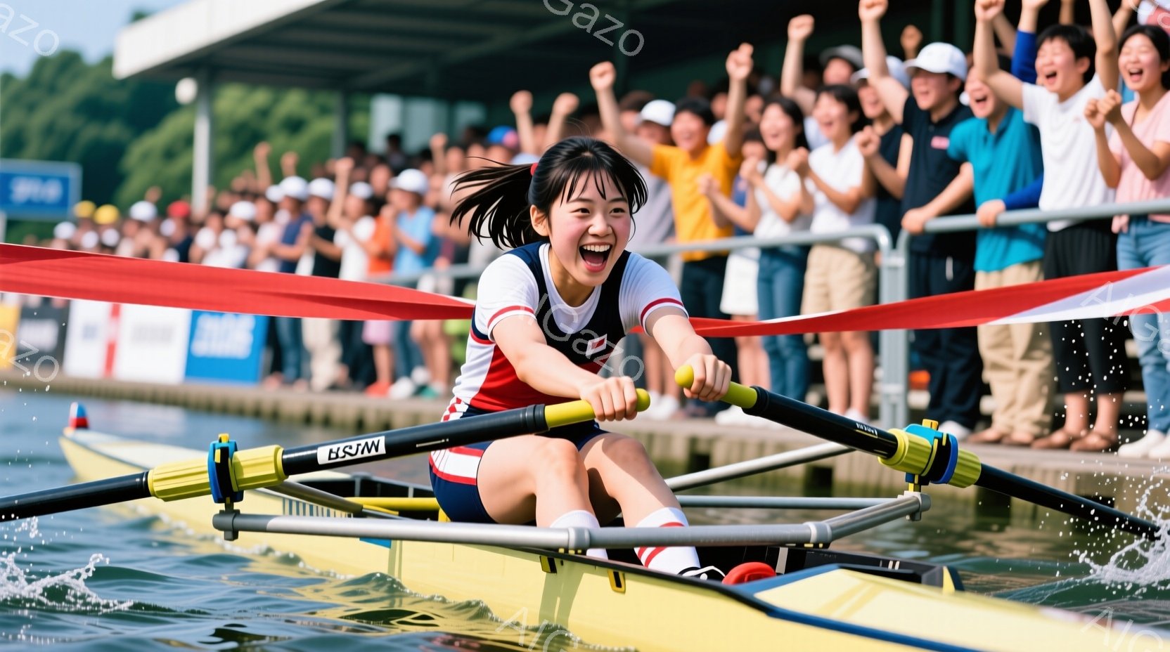 競技者は黄色いボートに乗り、力強くオールを漕いでいる。赤いシャツと黒いショーツ姿で、髪をポニーテールにしており、顔は勝利に向かって叫び、非常に喜んでいる様子が伺える。背景には観客席が見え、青空の下、水 - AI生成フリー素材