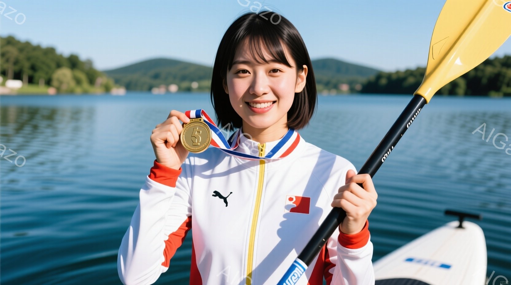 カヌースラローム選手と思しき女性が、白のトレーニングウェアに日本の国旗をあしらったテープを身につけ、金メダルを首にかけて微笑んでいる。彼女はカヌーのオールを肩に担ぎ、背後には穏やかな湖と緑豊かな山々が広がり、晴れた日の穏やかな雰囲気が漂っている。全体的に、勝利を祝う喜びに満ちた、爽やかな印象を与える写真である。