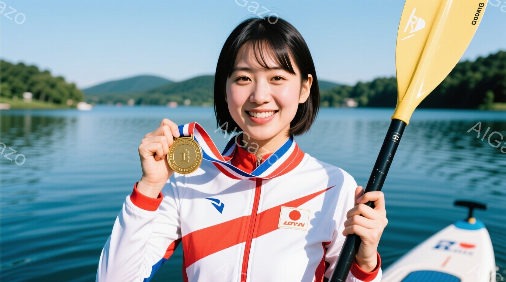この女性は、赤い縁取りの白いジャケットを着て、金メダルを首にかけて笑顔でポーズをとっています。彼女は短くダークブラウンのヘアスタイルで、背景には穏やかな水面と緑豊かな山々が広がっています。全体的に、勝 - AI生成フリー素材
