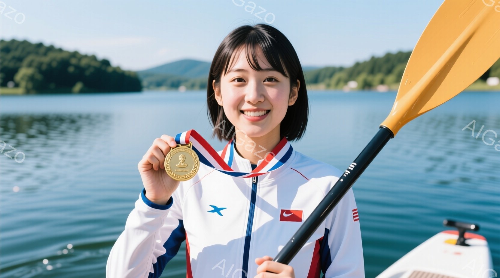 カヌースラローム選手の女性が、金メダルを首にかけて笑顔でこちらを見ている。彼女は白地に赤と青のラインが入ったスポーツウェアを着ており、髪は肩までの長さで、前髪を少しおろしたスタイルである。背景には穏やかな湖と緑豊かな山々が広がっており、晴天の下、爽やかな雰囲気が漂っている。