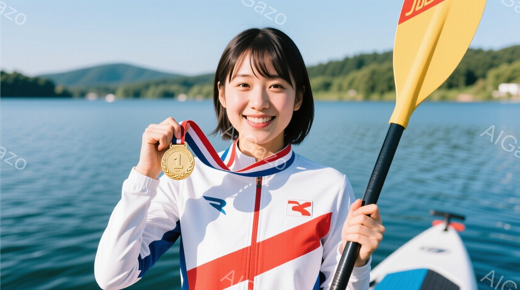 カヌー競技の女性選手が、金メダルを首にかけて笑顔でこちらを見ている。白を基調とした赤と青のラインが入ったスポーツウェアを着用し、髪は前髪を少し長めにしたショートボブスタイルだ。背景には穏やかな湖と緑豊 - AI生成フリー素材