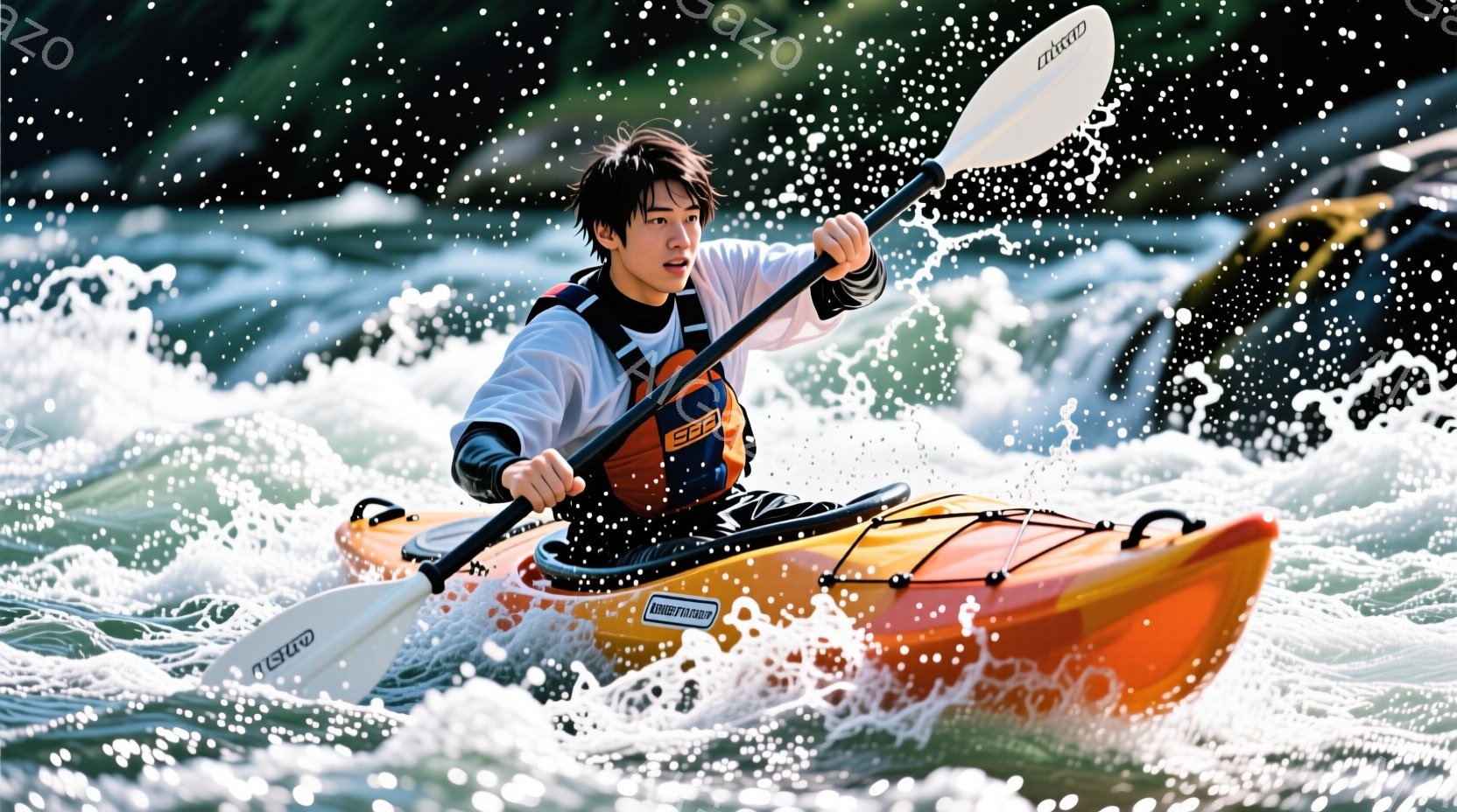 オレンジ色のカヤックに乗った若い男性が、激しい流れの中を漕いでいる様子が写っている。彼は黒い長袖シャツとオレンジ色のライフジャケットを着用し、短髪で、集中した表情をしている。背景は水しぶきと流れのある - AI生成フリー素材