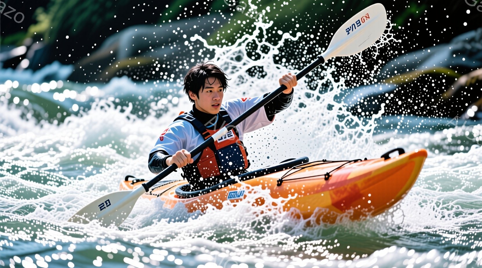 カヤックに乗った男性が激しい流れの中を漕いでいる様子が写っている。彼は黒髪で、集中した表情で、黒のライフジャケットとヘルメットを着用している。背景には水しぶきが飛び交い、自然豊かな川の流れが確認できる - AI生成フリー素材