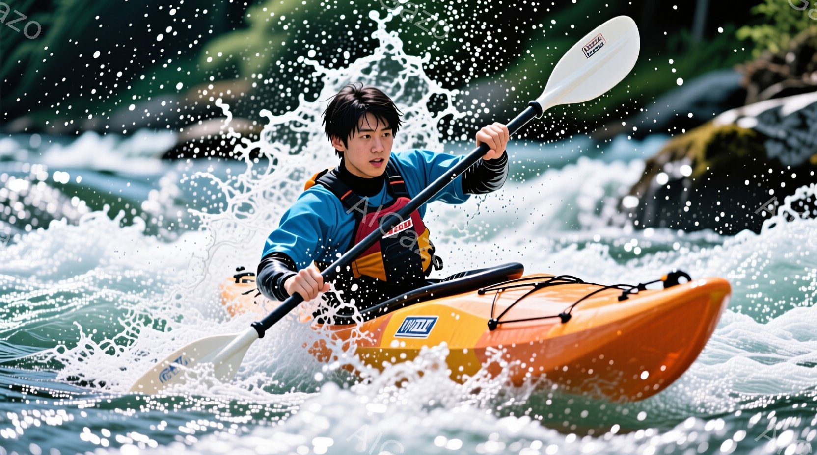 オレンジ色のカヤックに乗った若い男性が、激しい流れの中を力強く漕いでいる様子が写っている。彼は黒髪で、集中した表情をしており、オレンジと黒のライフジャケットを着用している。背景は緑豊かな自然で、水しぶ - AI生成フリー素材