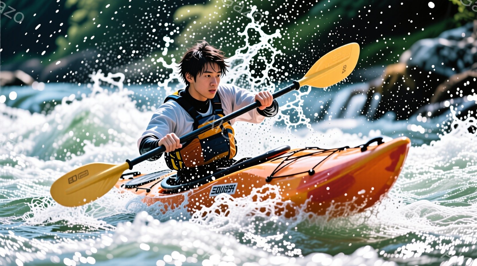 オレンジ色のカヤックに乗った若い男性が、激しい流れの中を漕いでいる。彼は黒い髪を短く切り揃え、集中した表情で漕ぎ手を使って水面を力強く掻いている。背景には、緑豊かな山々と白い水しぶきが広がり、ダイナミ - AI生成フリー素材