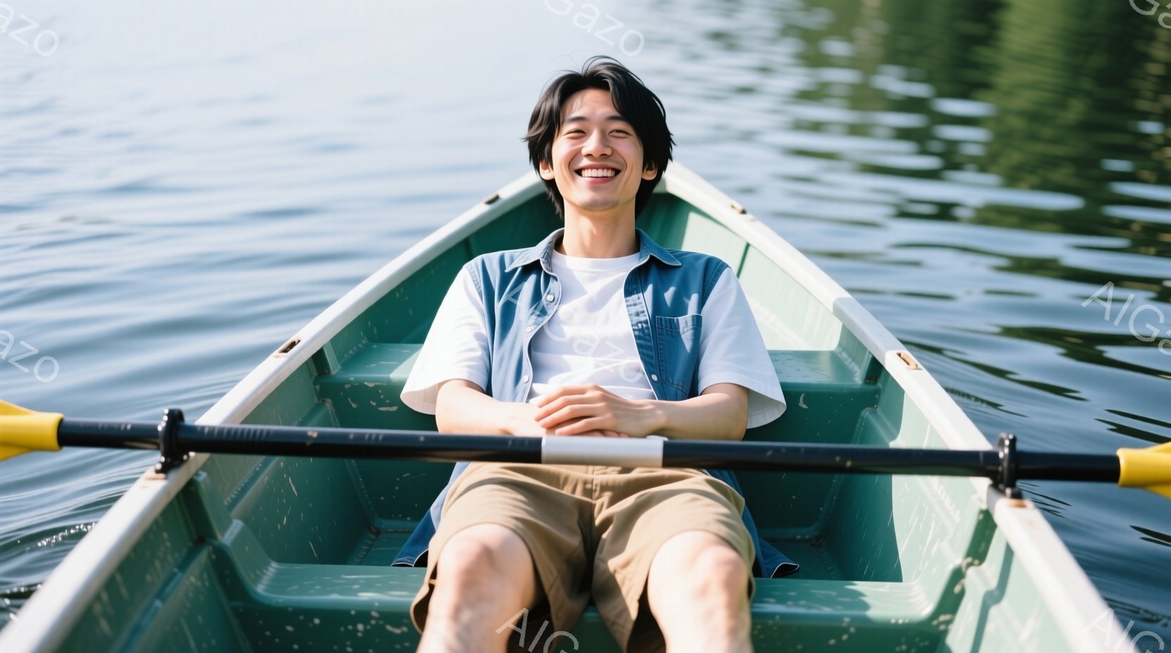 若い男性が緑色のボートに座り、リラックスした表情で微笑んでいます。彼は白いTシャツにデニムのベスト、そしてベージュ色のショートパンツを着用しており、短く整髪された黒髪が特徴的です。背景には水面が広がり - AI生成フリー素材