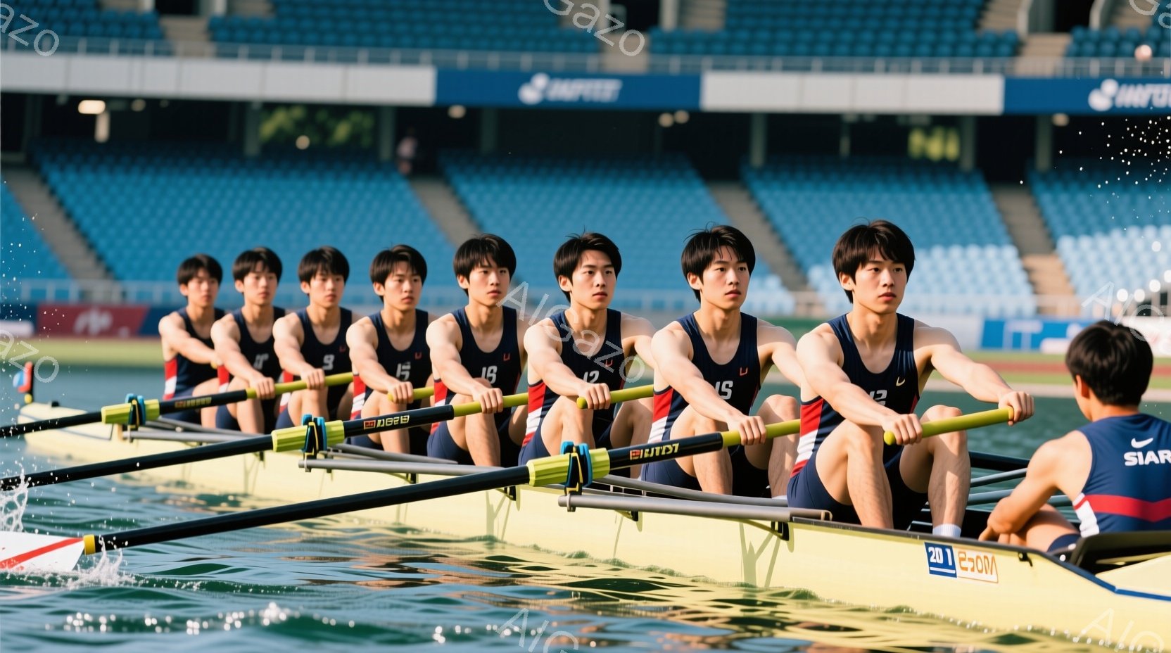 漕艇の選手たちが、揃いの黒いユニフォームと短髪で、集中した表情でボートを漕いでいる。ボートは水面を切り裂き、水しぶきが飛び散り、背景には観客席と青空が見える。全体的に、力強く、集中力に満ちた競技の瞬間を捉えた写真である。