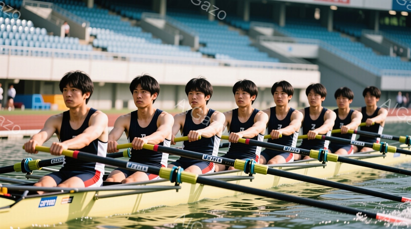 紺色のノースリーブシャツと赤いショーツを着用した男子ボートチームのメンバーが、集中した表情で漕いでいる。彼らは揃いの髪型で、力強く前進する姿勢を見せ、水面には波紋が広がっている。背景には観客席と晴れた空が見え、競技場の活気を感じさせる。