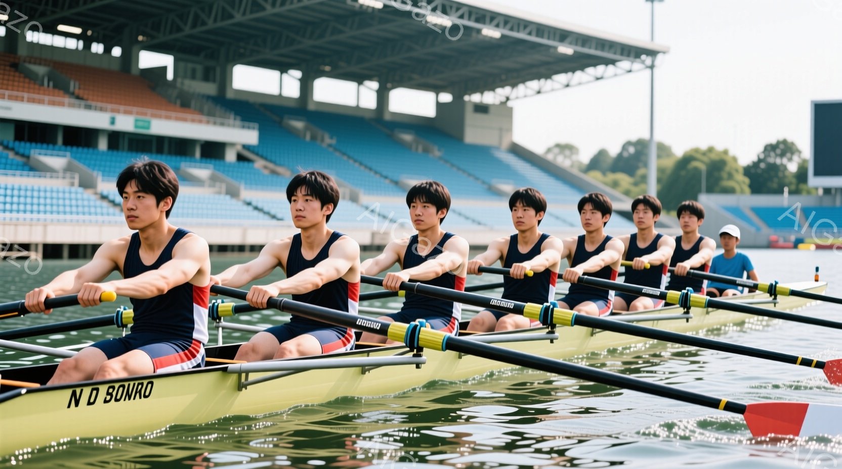 ボート競技の選手たちが、紺色のユニフォームと赤いラインの入ったボートに乗って、水面を力強く漕いでいる。彼らは皆、黒髪で、集中した表情で前を見据え、均整の取れた姿勢でオールを操っている。背景には、観客席 - AI生成フリー素材