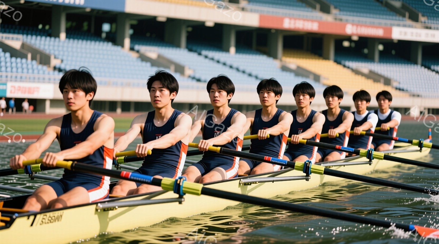 紺色のレーシングボートに乗った、若い男性8人のチームが写っている。彼らは皆、青とオレンジの縁取りが施された紺色のユニフォームを着ており、短髪で集中した表情をしている。背景には観客席と青空が見え、水面には日光が反射してキラキラと輝き、集中して競技に臨むチームの活気と爽やかな雰囲気が伝わってくる。