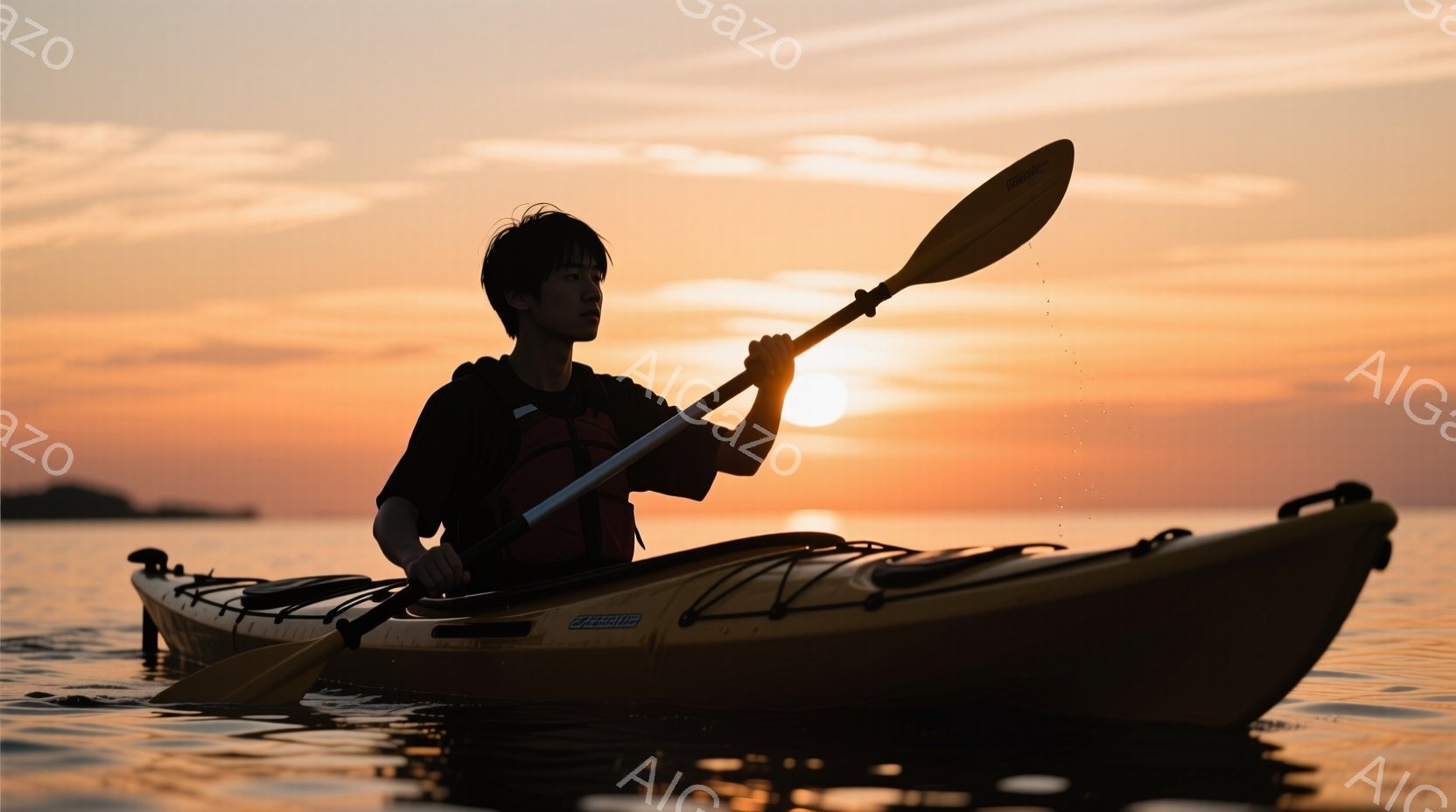 カヤックに乗った男性が夕焼けの中を漕いでいる様子が捉えられている。彼は黒いTシャツを着ており、短髪で、やや前かがみの姿勢で漕ぎを進めている。背景は燃えるような夕焼け空と穏やかな海で、静かで平和な雰囲気を醸し出している。