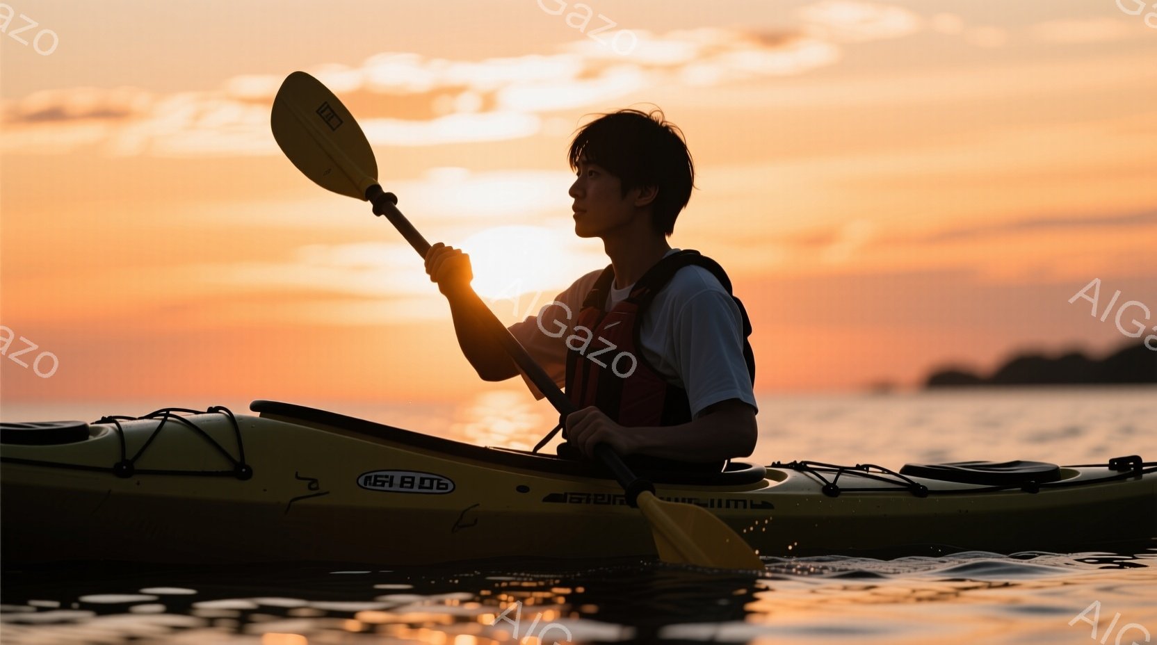 カヤックに乗った若い男性が、夕焼けを背景に海の上を漕いでいる。彼は白いTシャツとオレンジ色のライフジャケットを着用し、短く黒い髪をしている。穏やかな表情で、夕焼けに照らされた海面と空が、静かで平和な雰囲気を醸し出している。