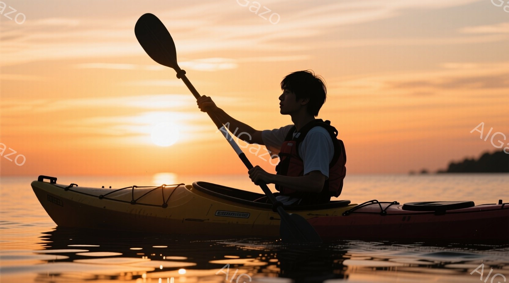 オレンジ色の夕焼けを背景に、カヤックに乗った男性が描かれている。彼は黒髪で、オレンジ色のライフジャケットを着用し、カヤックを漕ぐために片手をパドルに伸ばしている。水面は穏やかで、遠くにはぼんやりと陸地が見え、静かで平和な雰囲気を醸し出している。