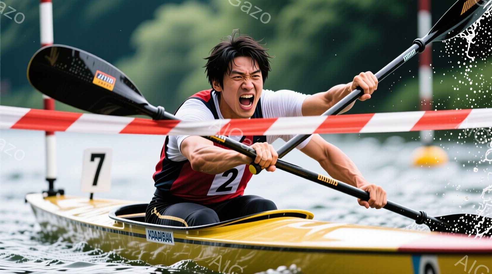 カヌー競技中の男性の様子が写っている。彼は黒髪で、赤い縁取りの黒いシャツと黒いズボンを着用し、力強い表情で漕いでいる。背景は水面と、水しぶきが舞う様子が確認でき、競技場の活気ある雰囲気が伝わってくる。