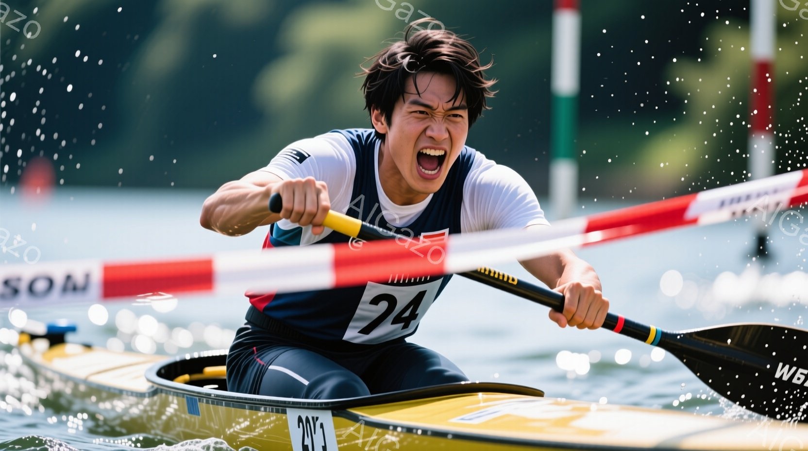 カヌー競技中の男性の様子が写っている。彼は黒と青のレーシングスーツを着用し、背番号「24」が付けられている。力強い表情で漕ぎを進めており、集中と緊張感が伝わってくる。 - AI生成フリー素材