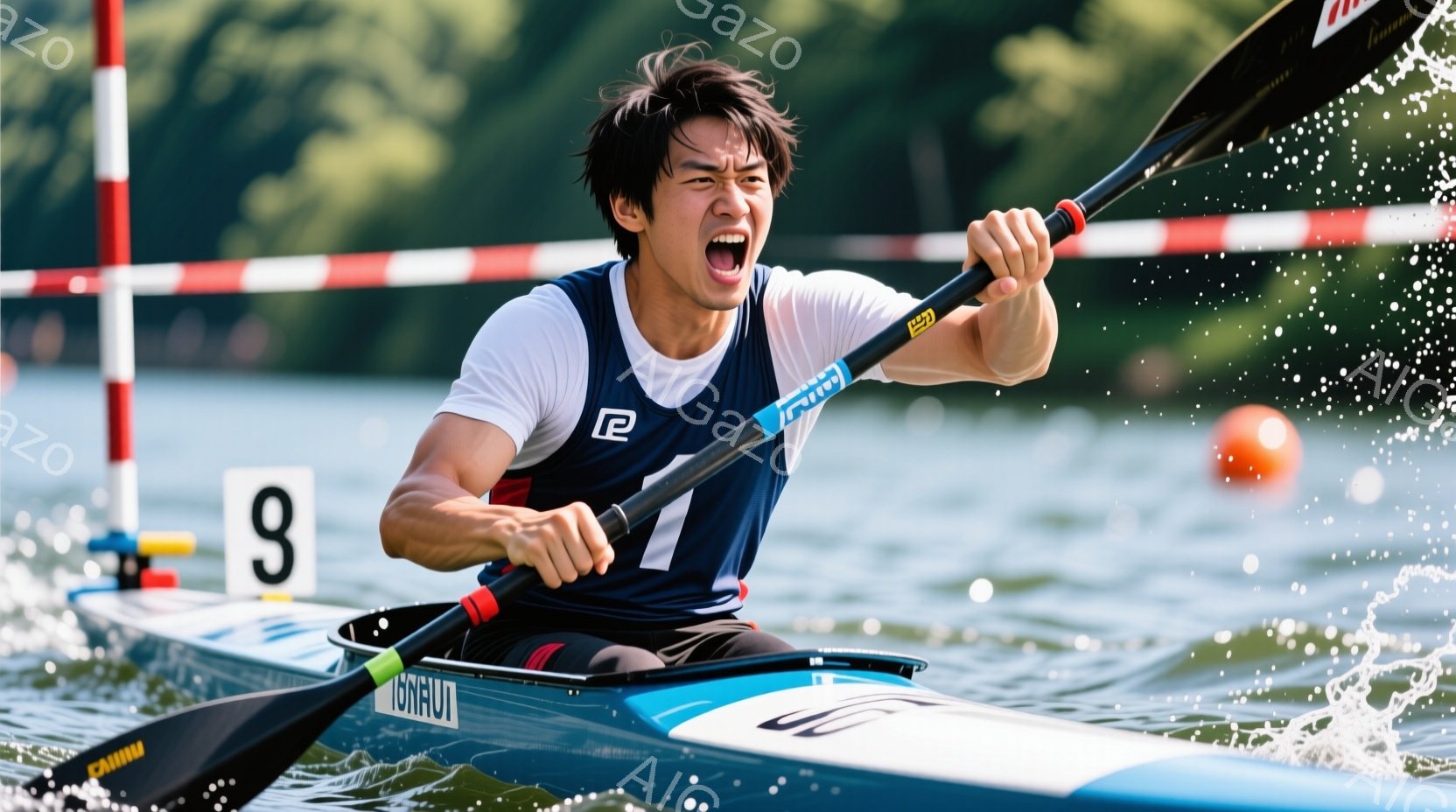 カヌー競技の選手が、激しい漕ぎで水面を切り進んでいる様子が写されている。白と黒のスポーツウェアに身を包み、髪は濡れて額にかかっているが、力強い表情で前を見据えている。背景には緑豊かな自然と青空が広がり - AI生成フリー素材