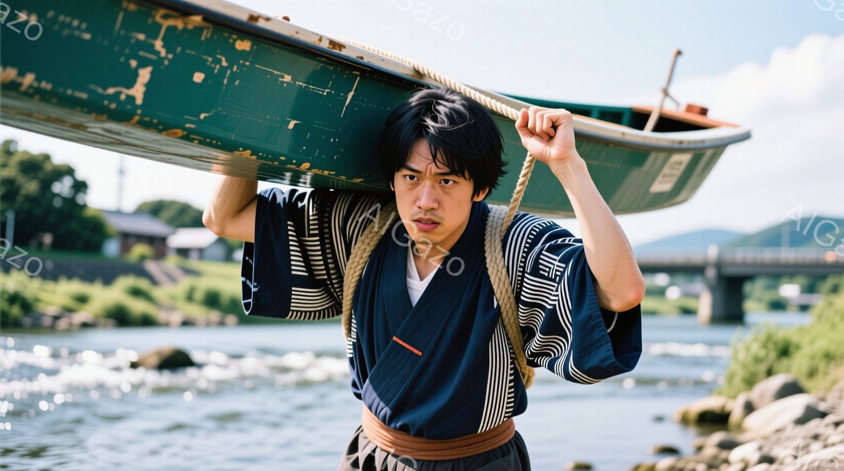 紺色の着物と袴姿の男性が、古びた木製の船を肩に担いで立っている。表情は真剣で、少し険しいが、力強さも感じられる。背景には、緑豊かな山々や川、そして橋が見え、晴天の下、力強い生命力を感じさせる風景だ。 - AI生成フリー素材