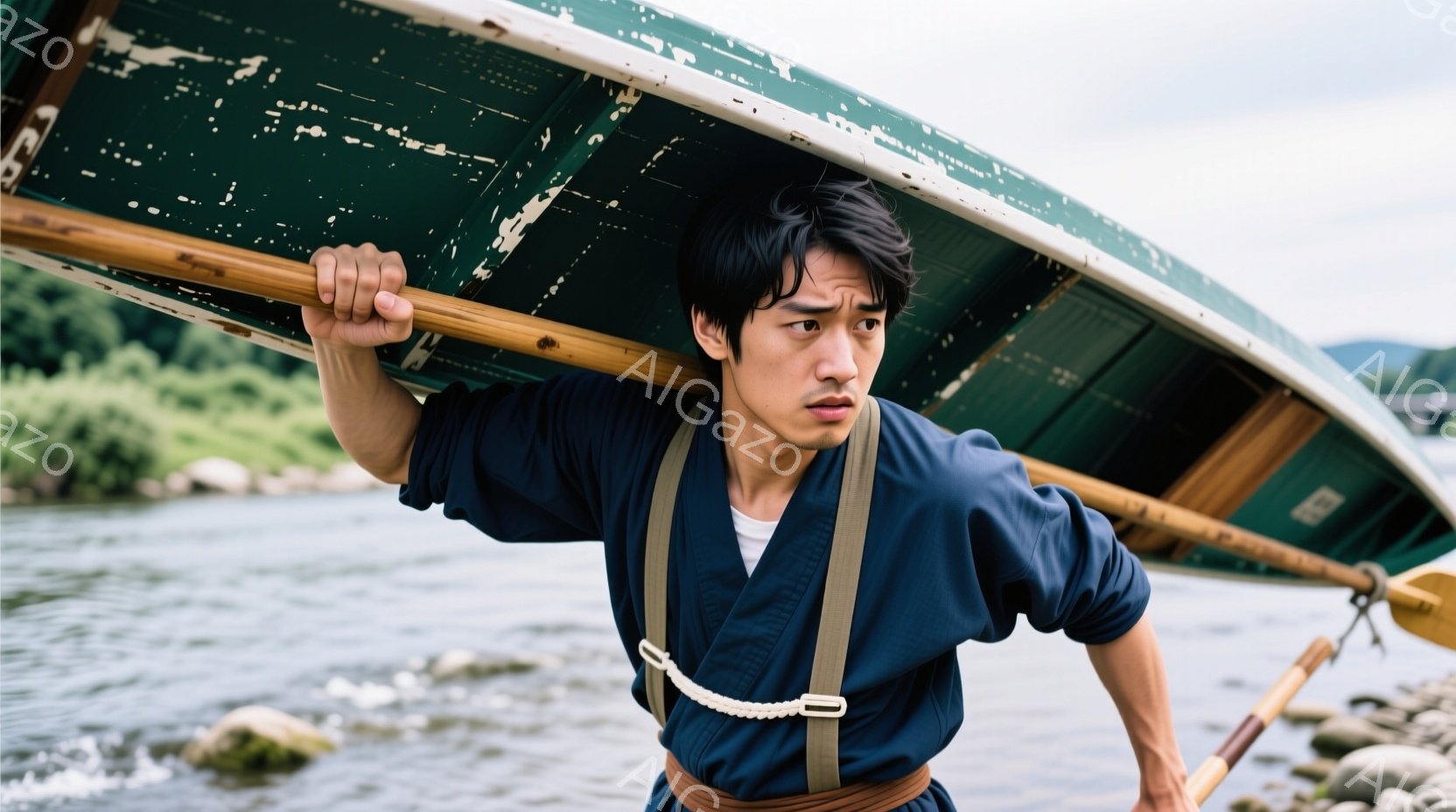 若い男性が緑色のボートを肩に担いで水辺を歩いている。紺色の着物のような服装に茶色の帯をしており、黒髪を短く整えている。背景には緑豊かな植物と水面が広がり、穏やかで少し憂いを帯びた雰囲気が漂っている。