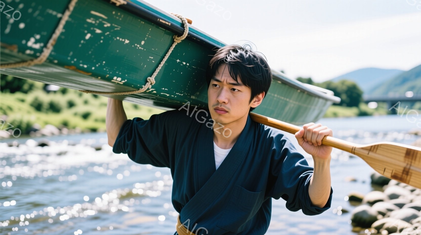 若い男性が緑色のボートを肩に担ぎ、川原を歩いている。紺色の着物のような服に白いアンダーシャツを着用し、髪は短く黒く、表情は真剣で少し険しい。背景には岩が積まれた川底と、緑豊かな山々が見え、晴天で穏やかな自然の雰囲気が漂っている。