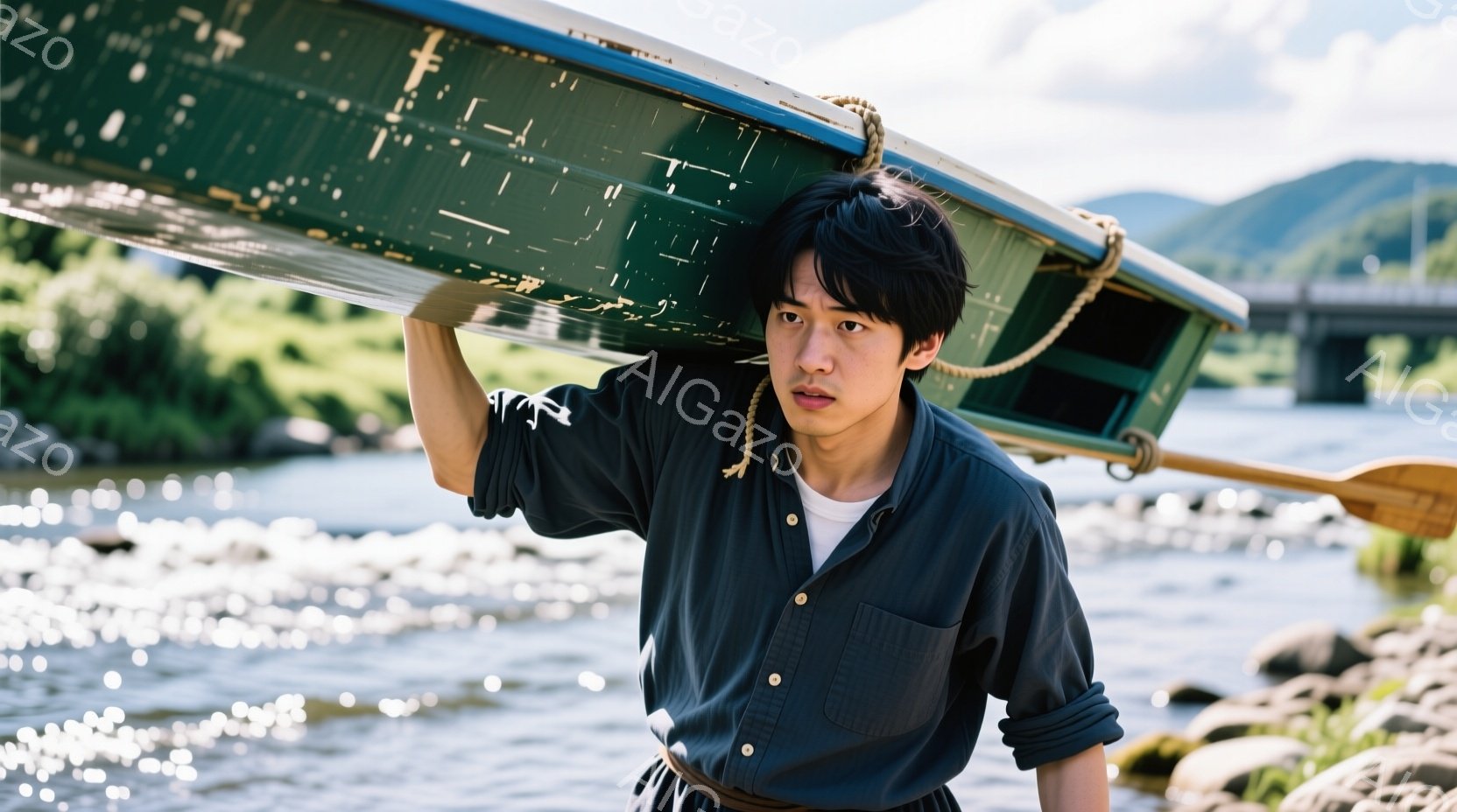 若い男性が緑色のボートを肩に担いで立っている。彼は黒いシャツに黒いズボンを着用し、濡れた髪は無造作に耳にかかっている。背景には小石が敷かれた川岸、緑豊かな山々、そして橋が見え、穏やかで自然豊かな雰囲気が漂っている。